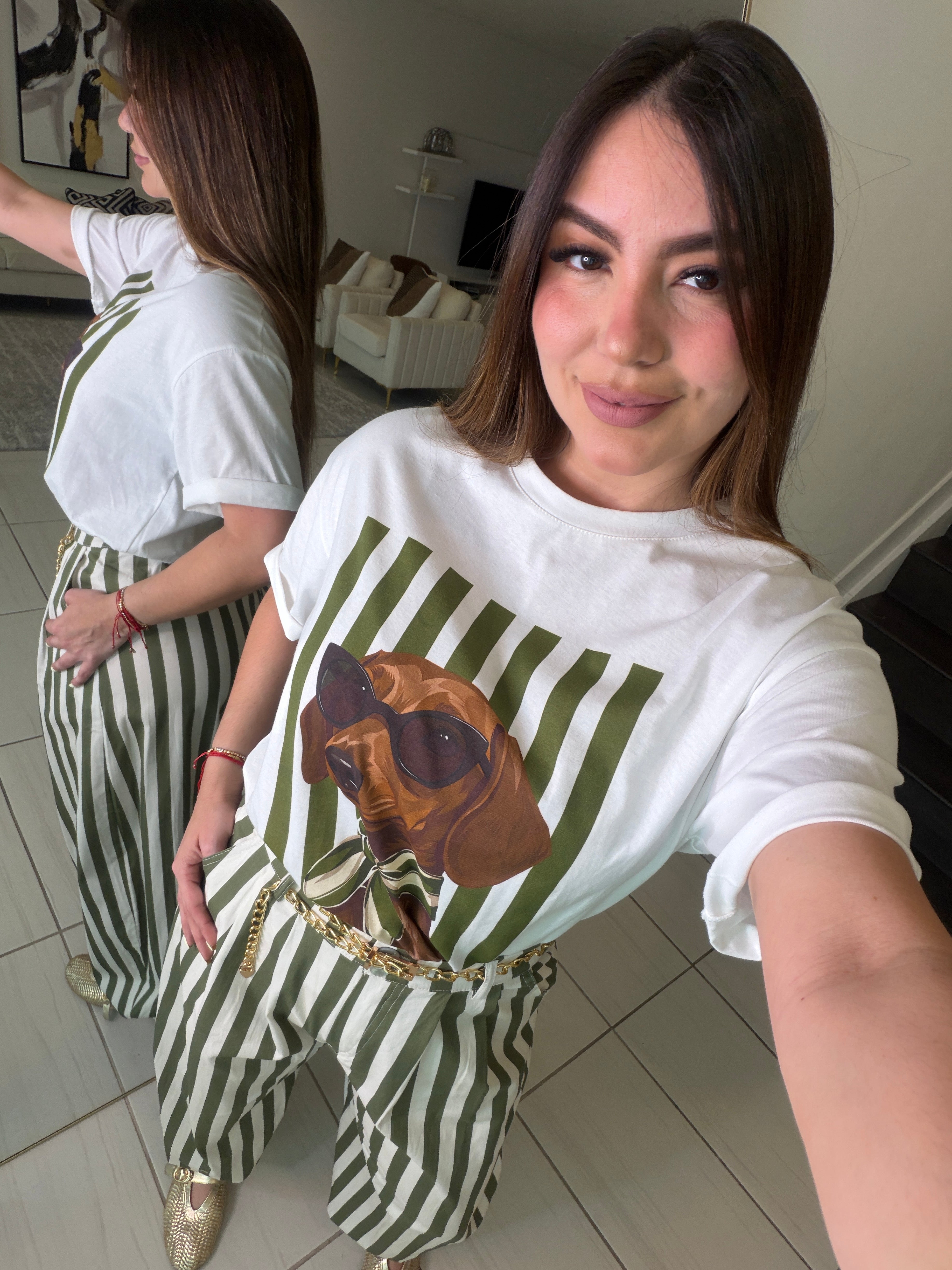 Chic Puppy Stripes White Tshirt
