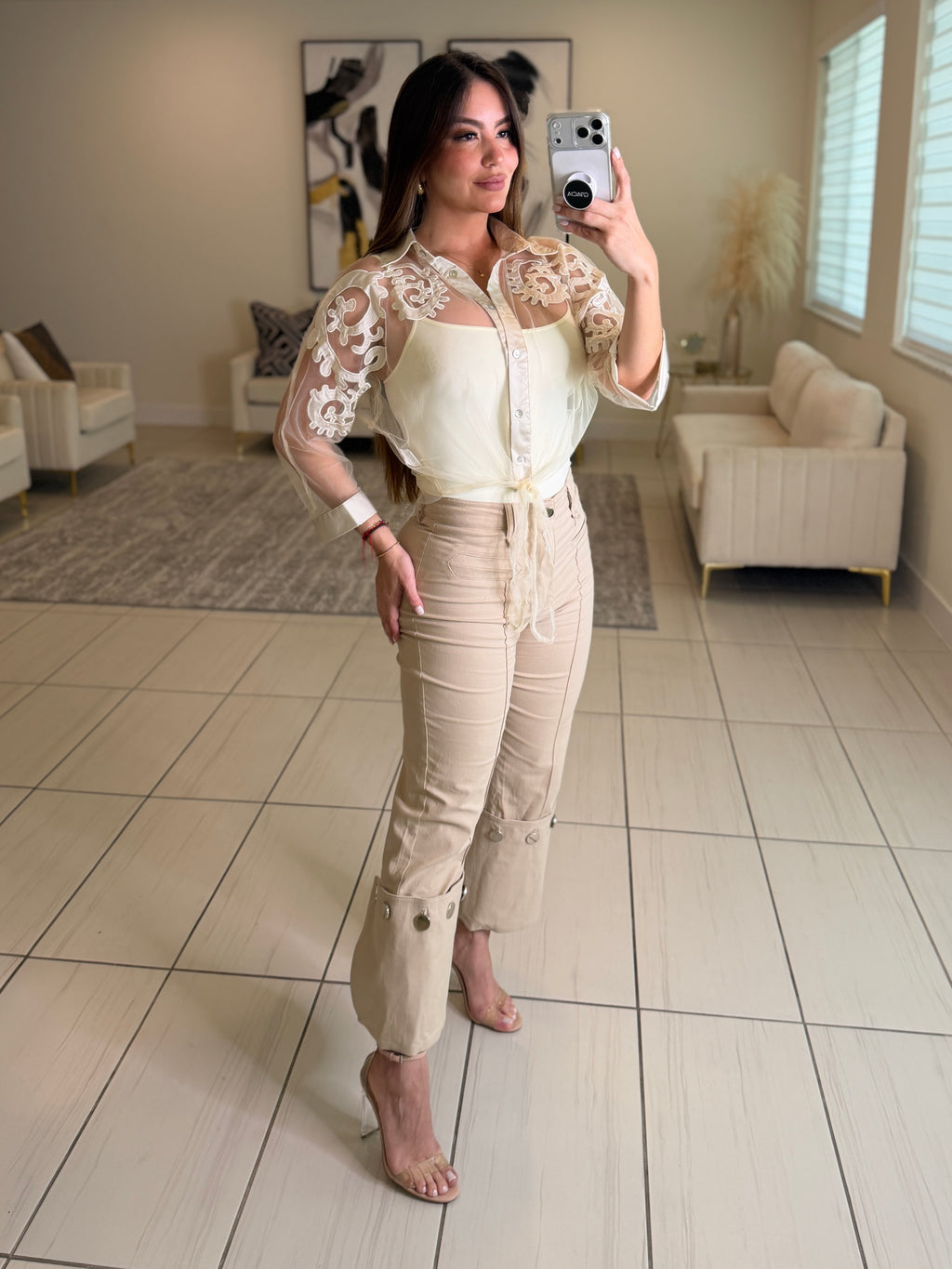 Stunning Silver Buttons Beige Pants