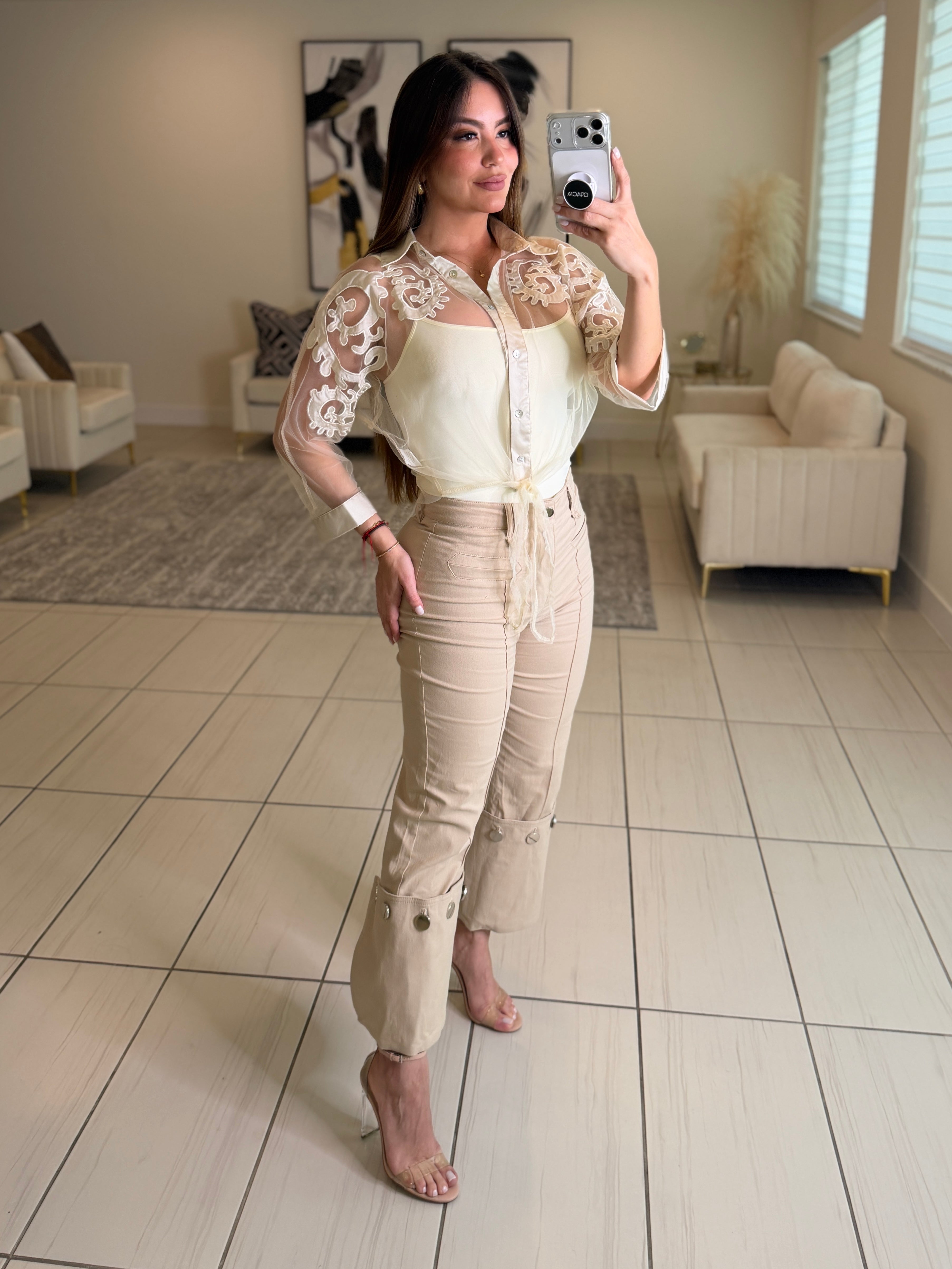 Stunning Silver Buttons Beige Pants