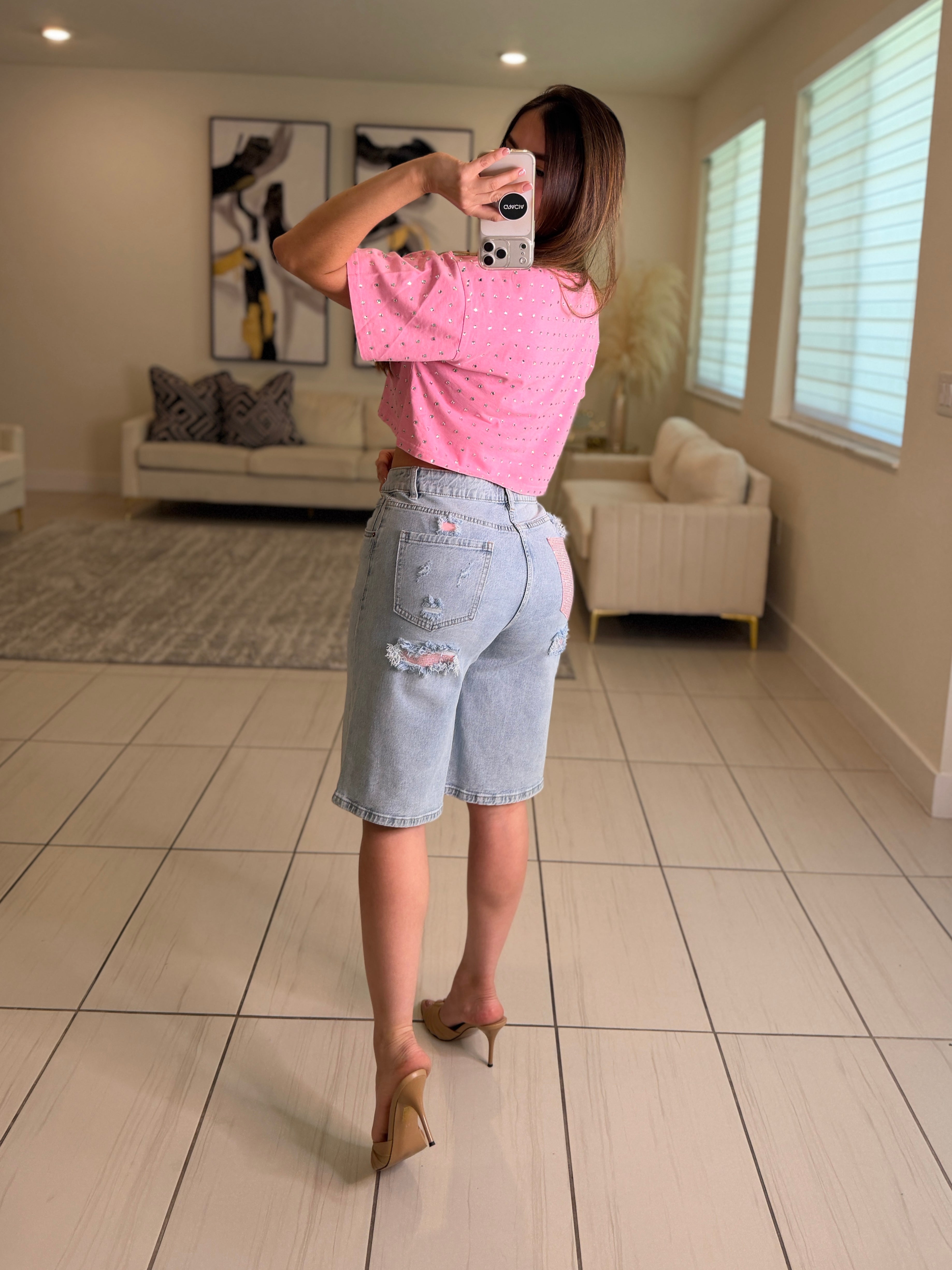 Pink Crystal Denim Shorts