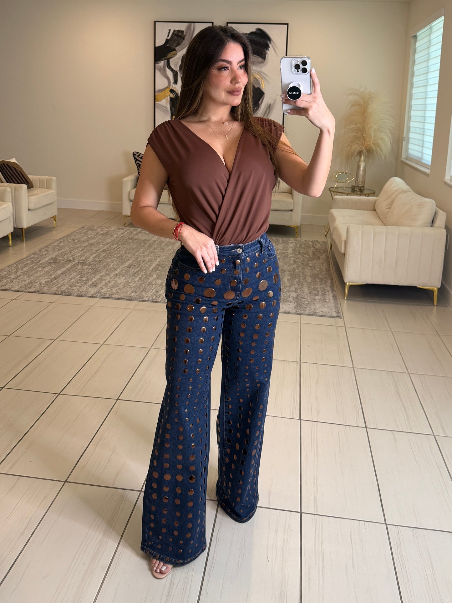 Bronze Shiny Polka Dots Denim Pants