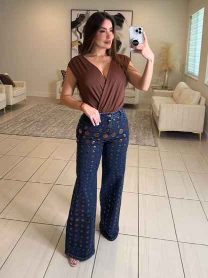 Bronze Shiny Polka Dots Denim Pants