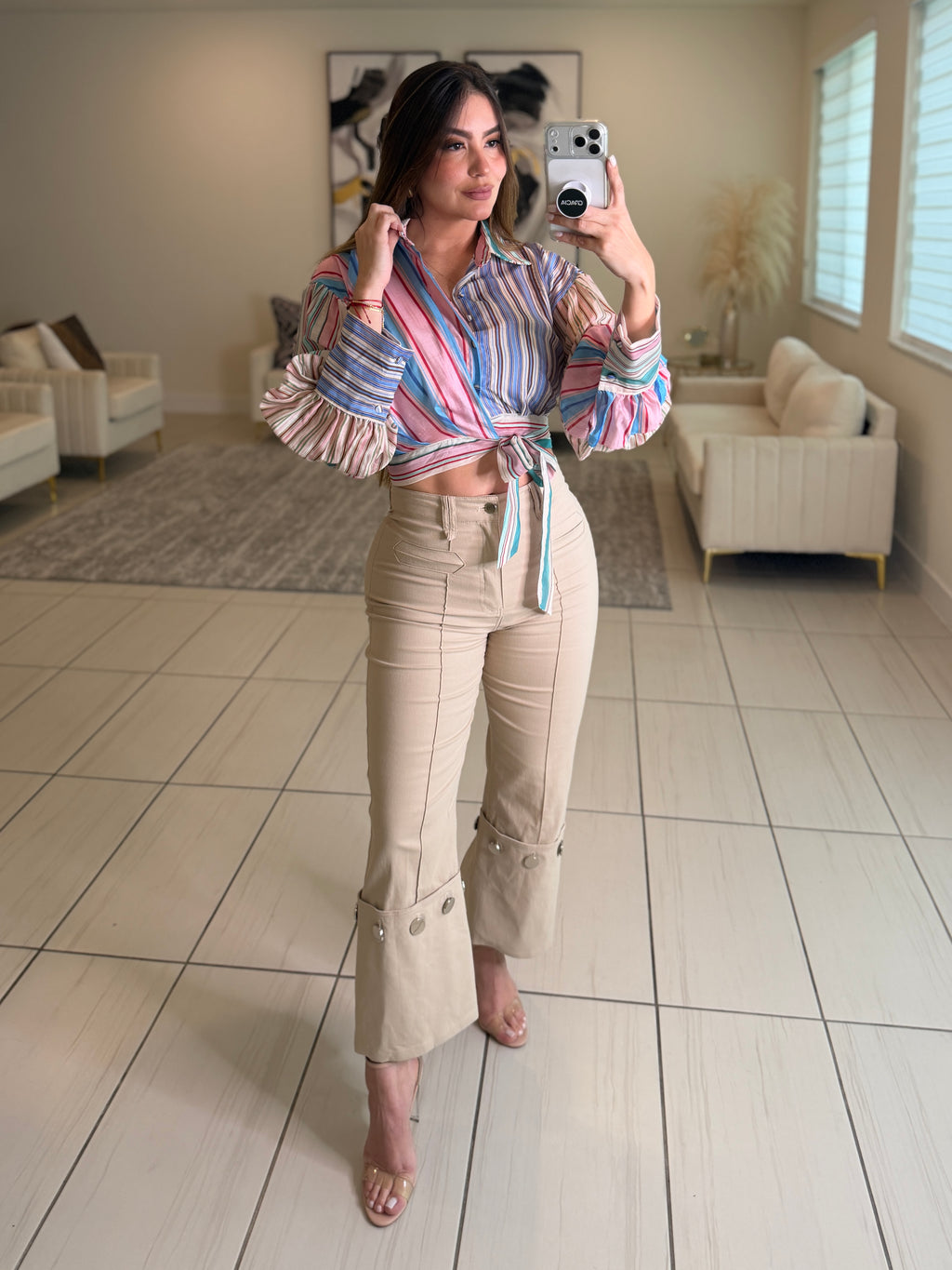Stunning Silver Buttons Beige Pants