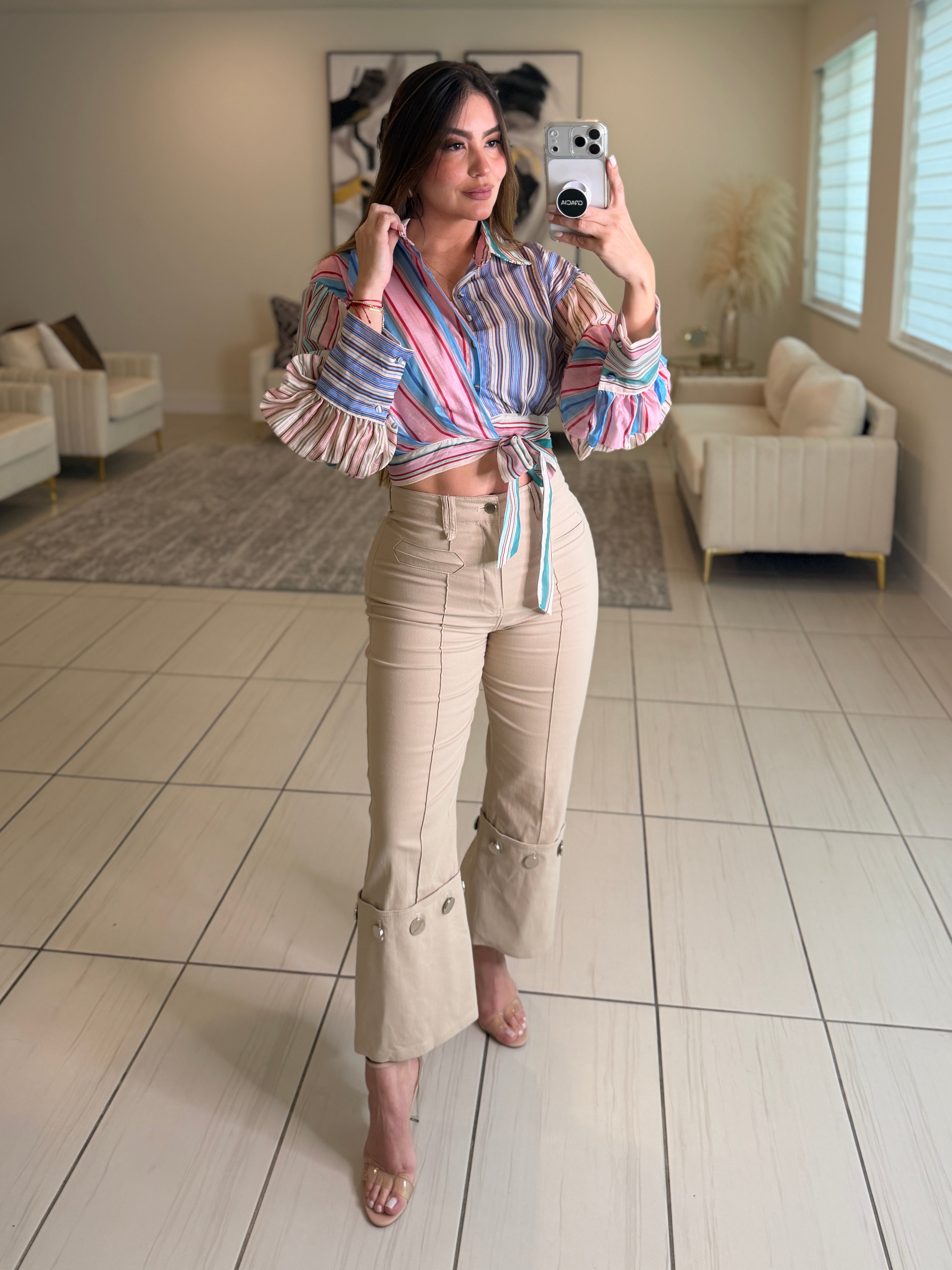 Stunning Silver Buttons Beige Pants