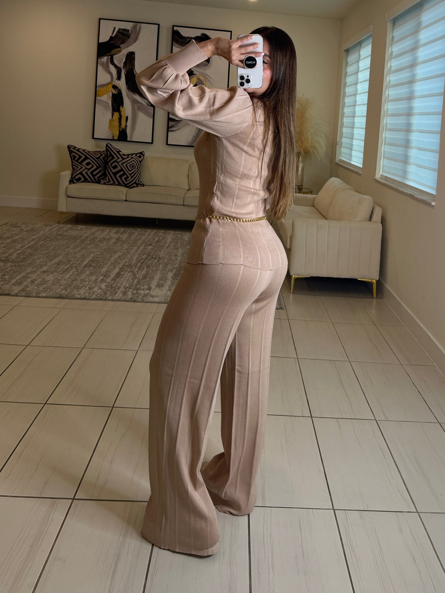 Checkmate Knit Beige Pant Set