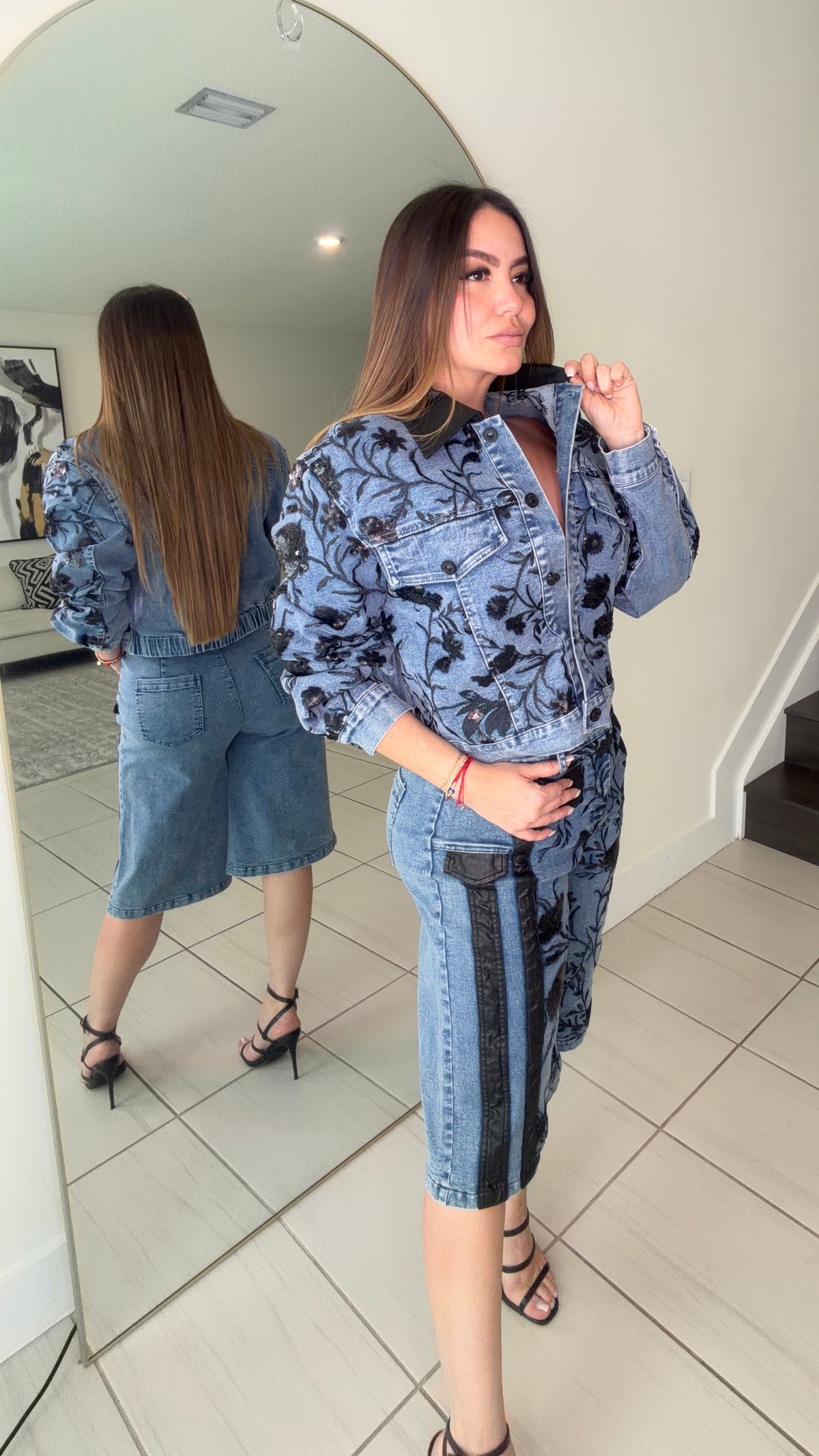 Midnight Bloom Denim Shorts Set