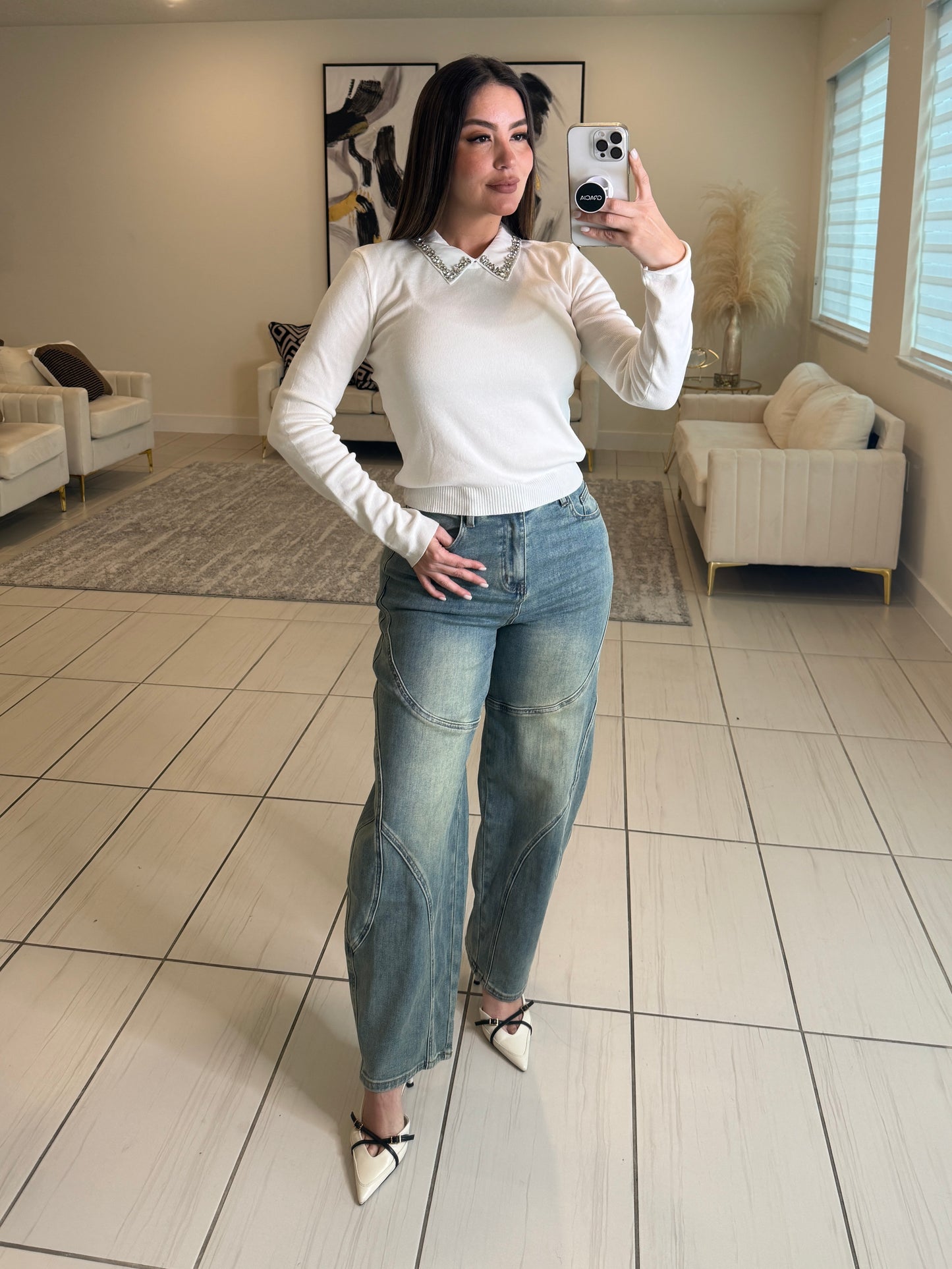 League Charm White Sweater Top