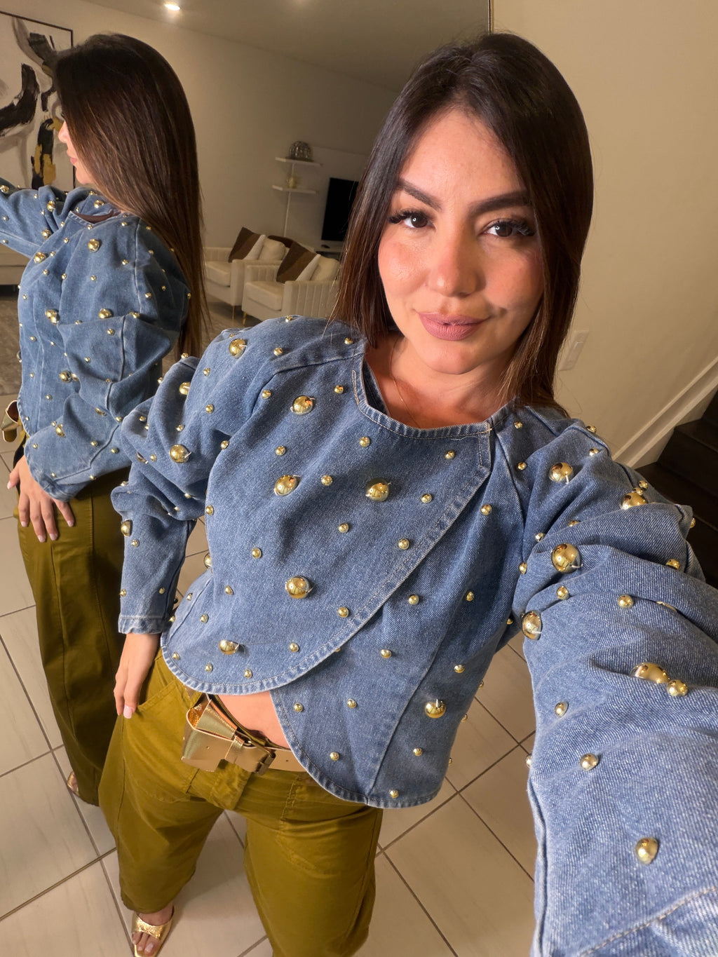 Luxe Golden Dots Denim Top