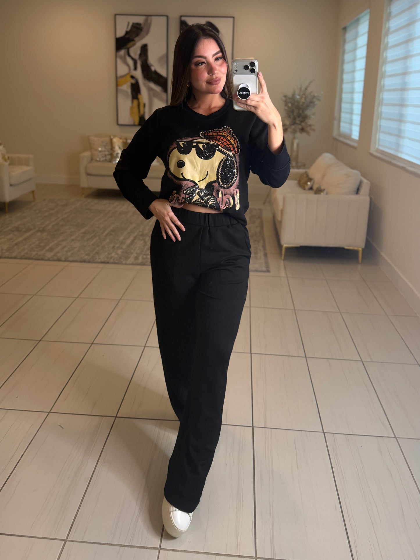 Funny Rhinestones Black Pant Set