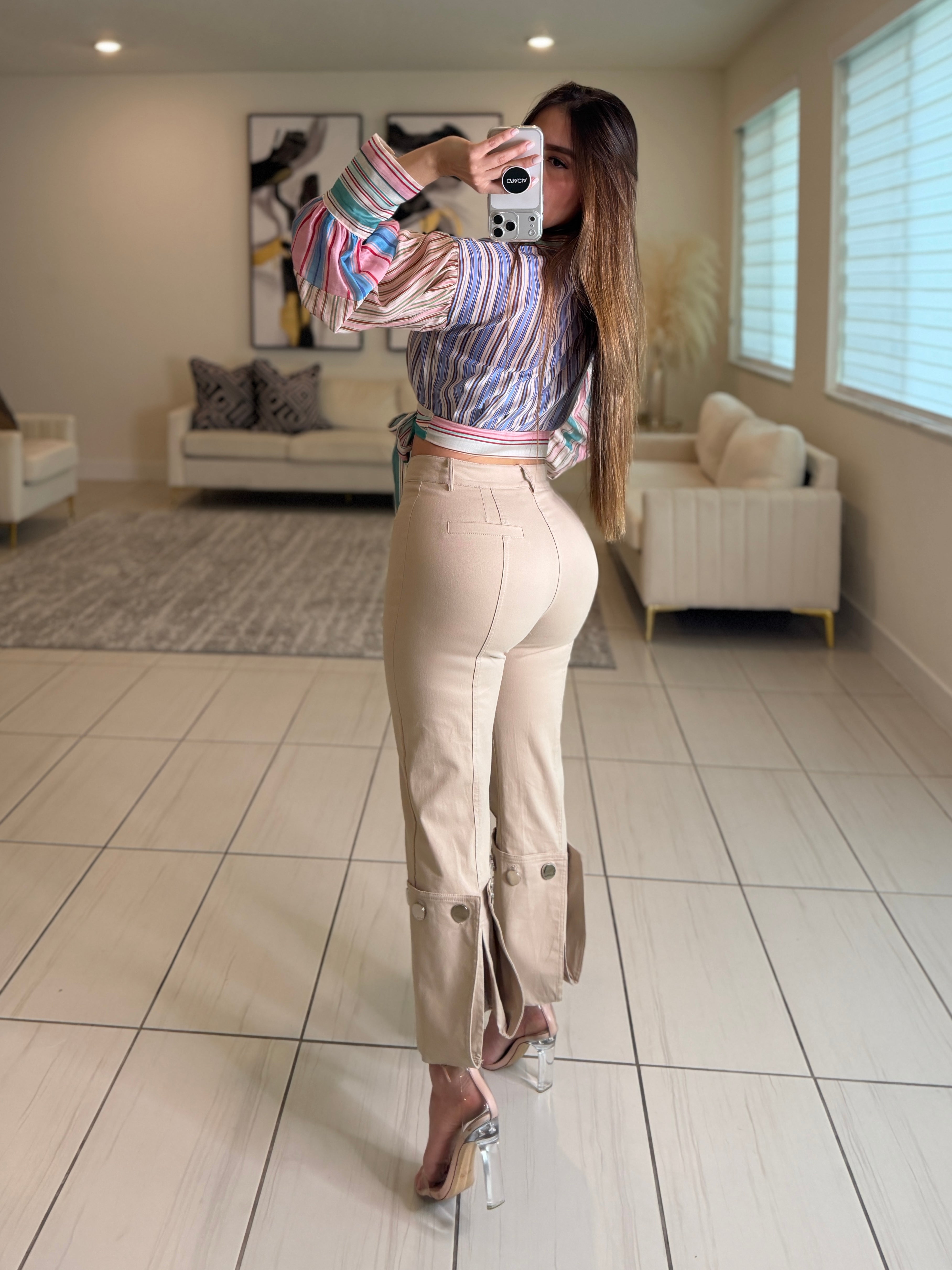 Stunning Silver Buttons Beige Pants