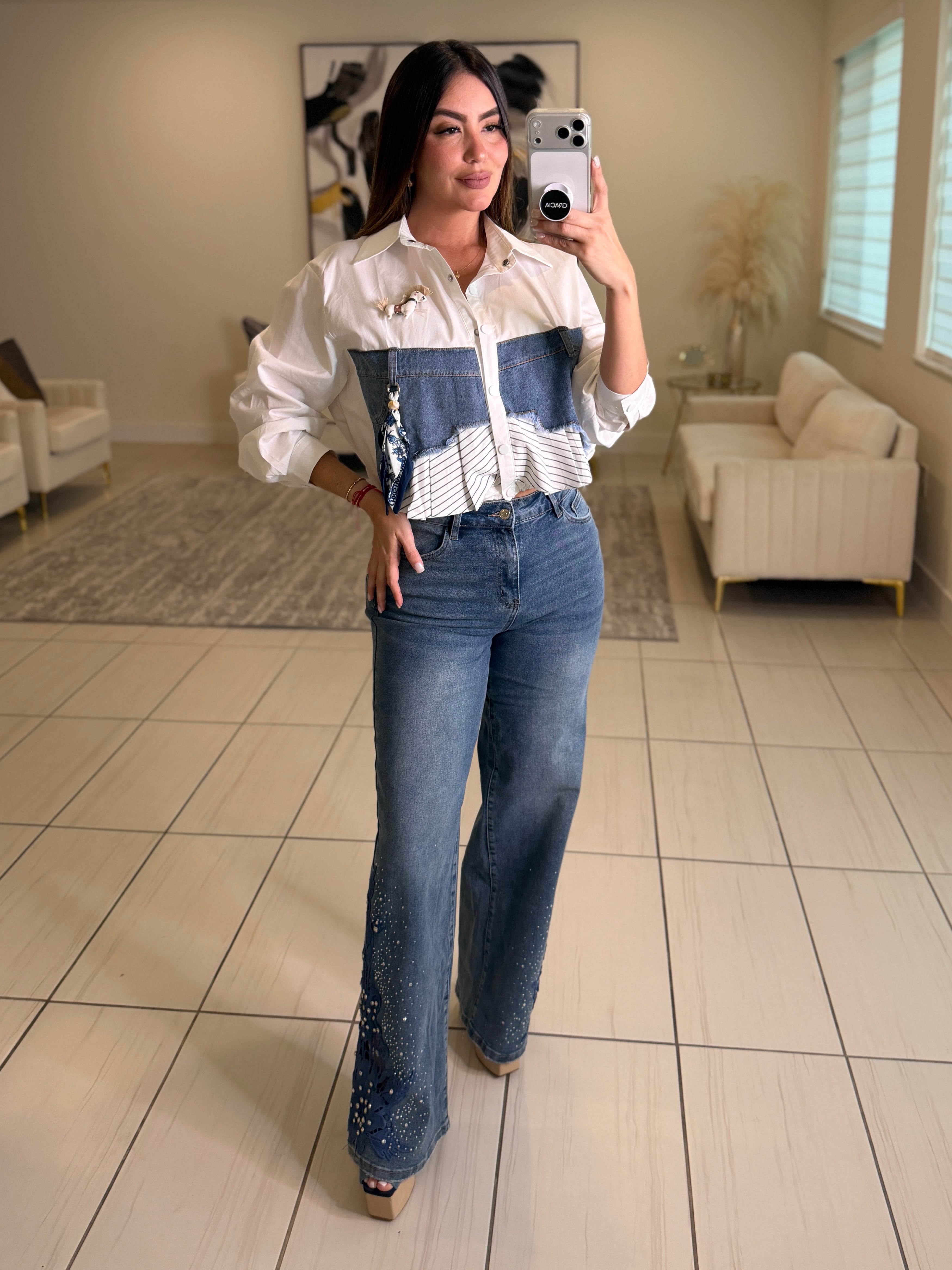 Addicted Contrast White and Denim Shirt