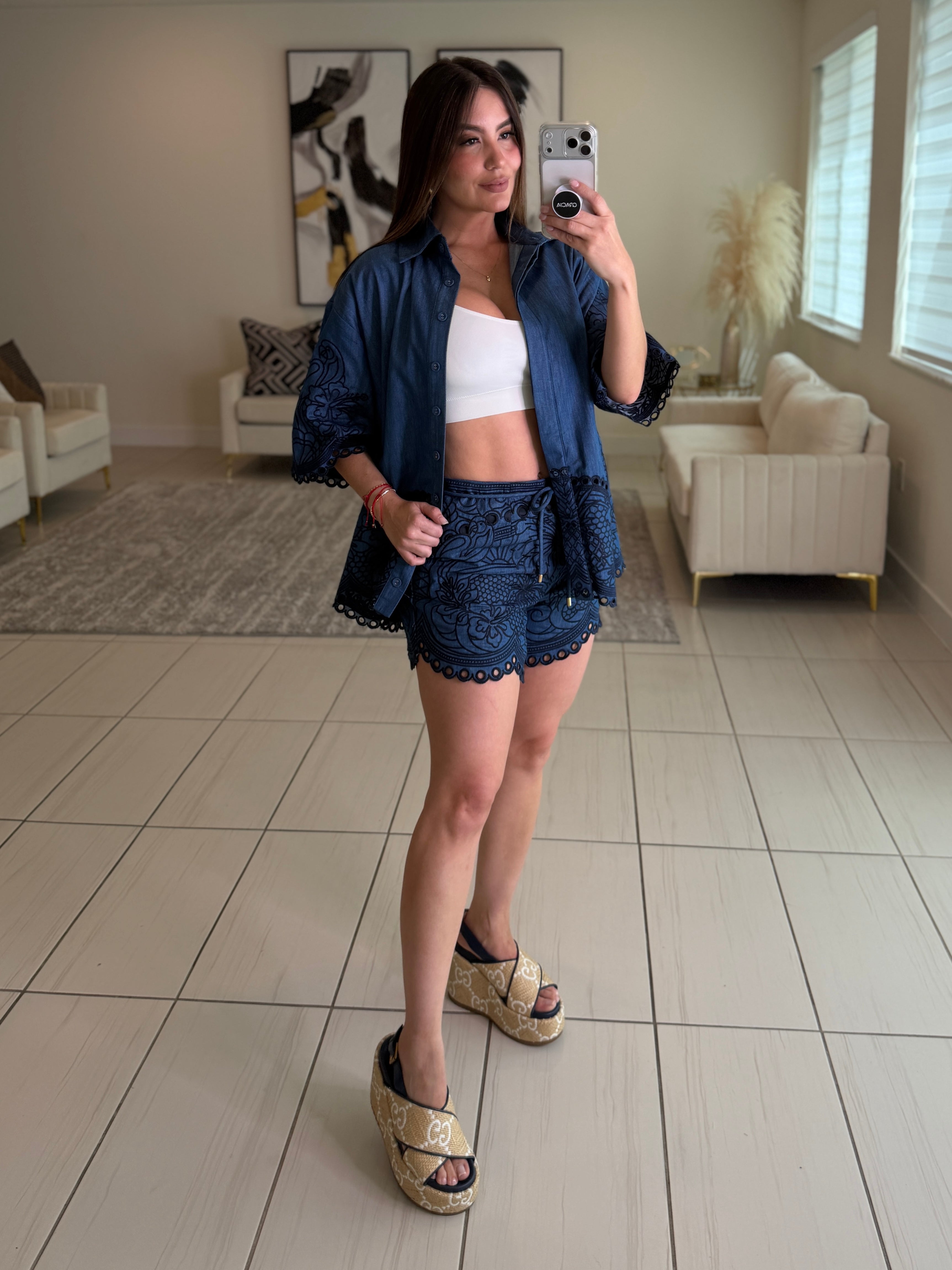 Paradise Embroidered Denim Short Set