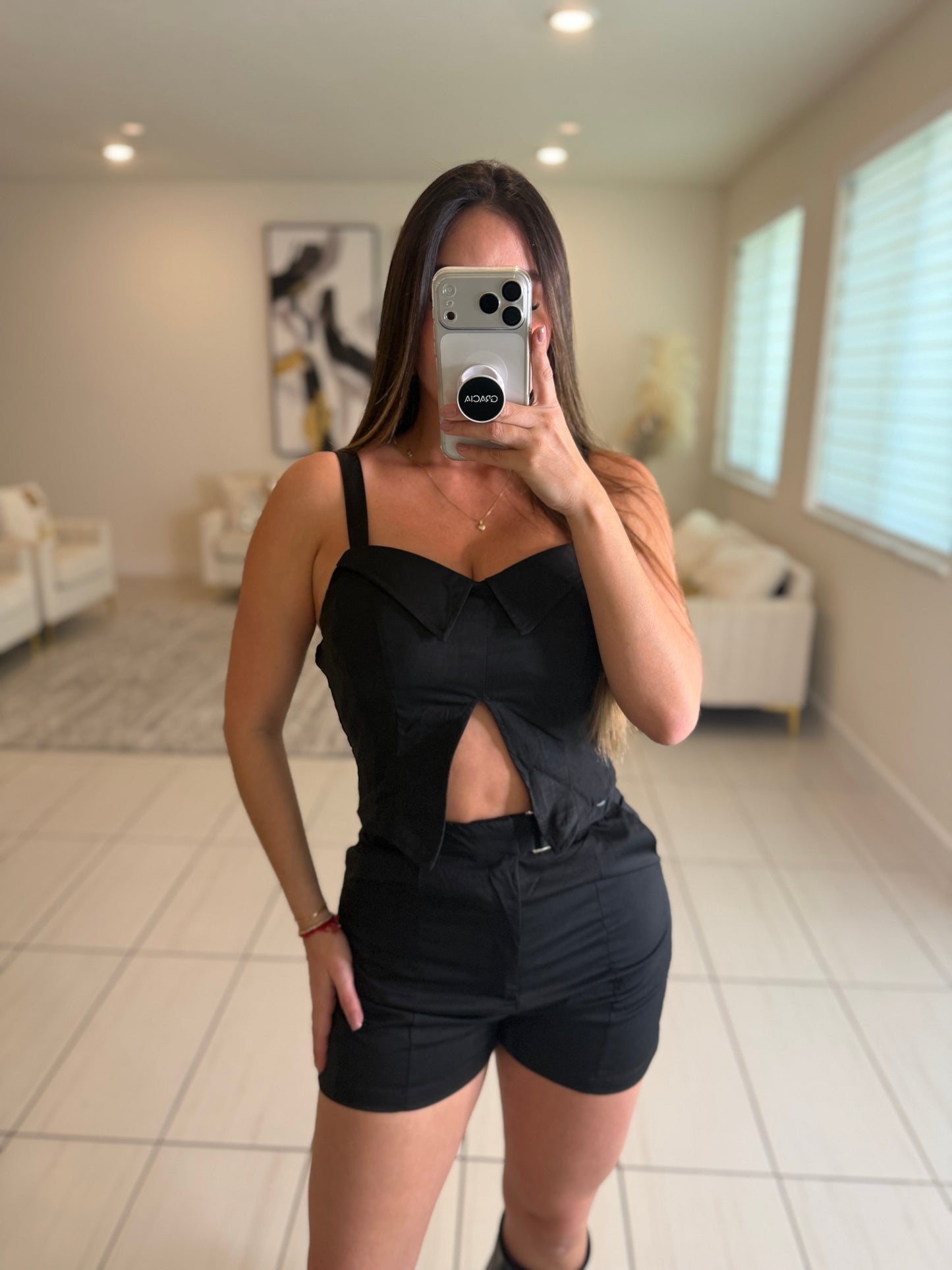 Power Poise Belted Black Short Set