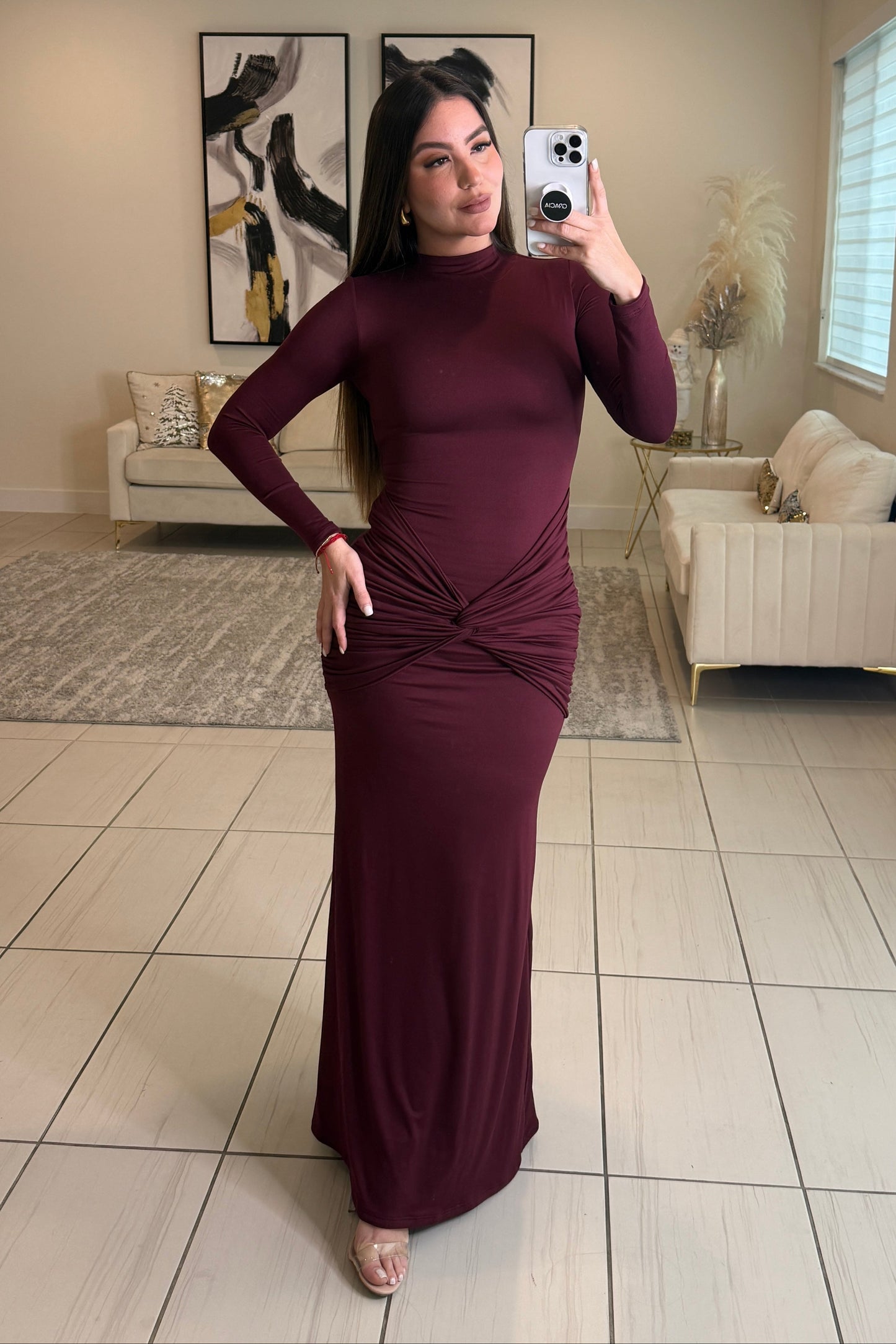 Midnight Ember Ruched Wine Maxi Dress