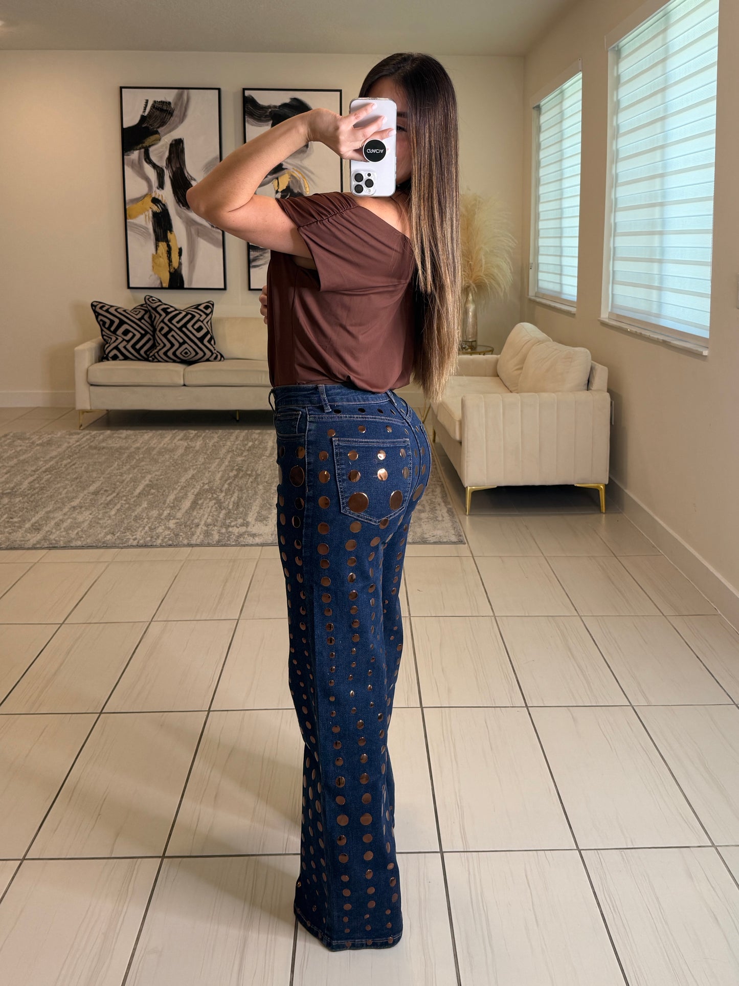 Bronze Shiny Polka Dots Denim Pants