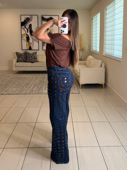 Bronze Shiny Polka Dots Denim Pants