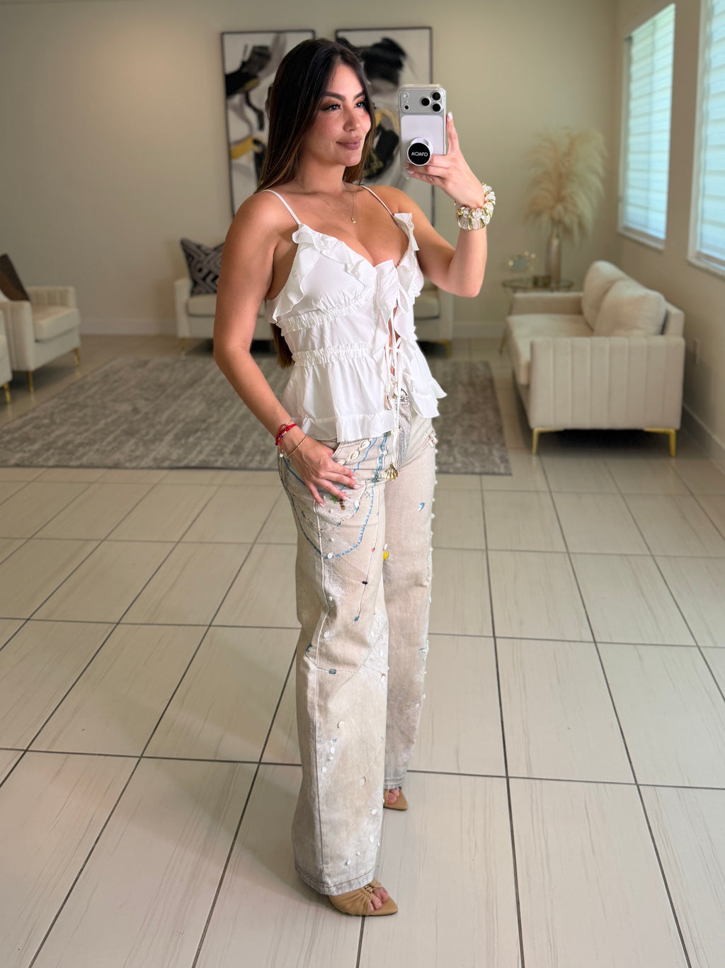 Glam Seashells Beige Denim Pants