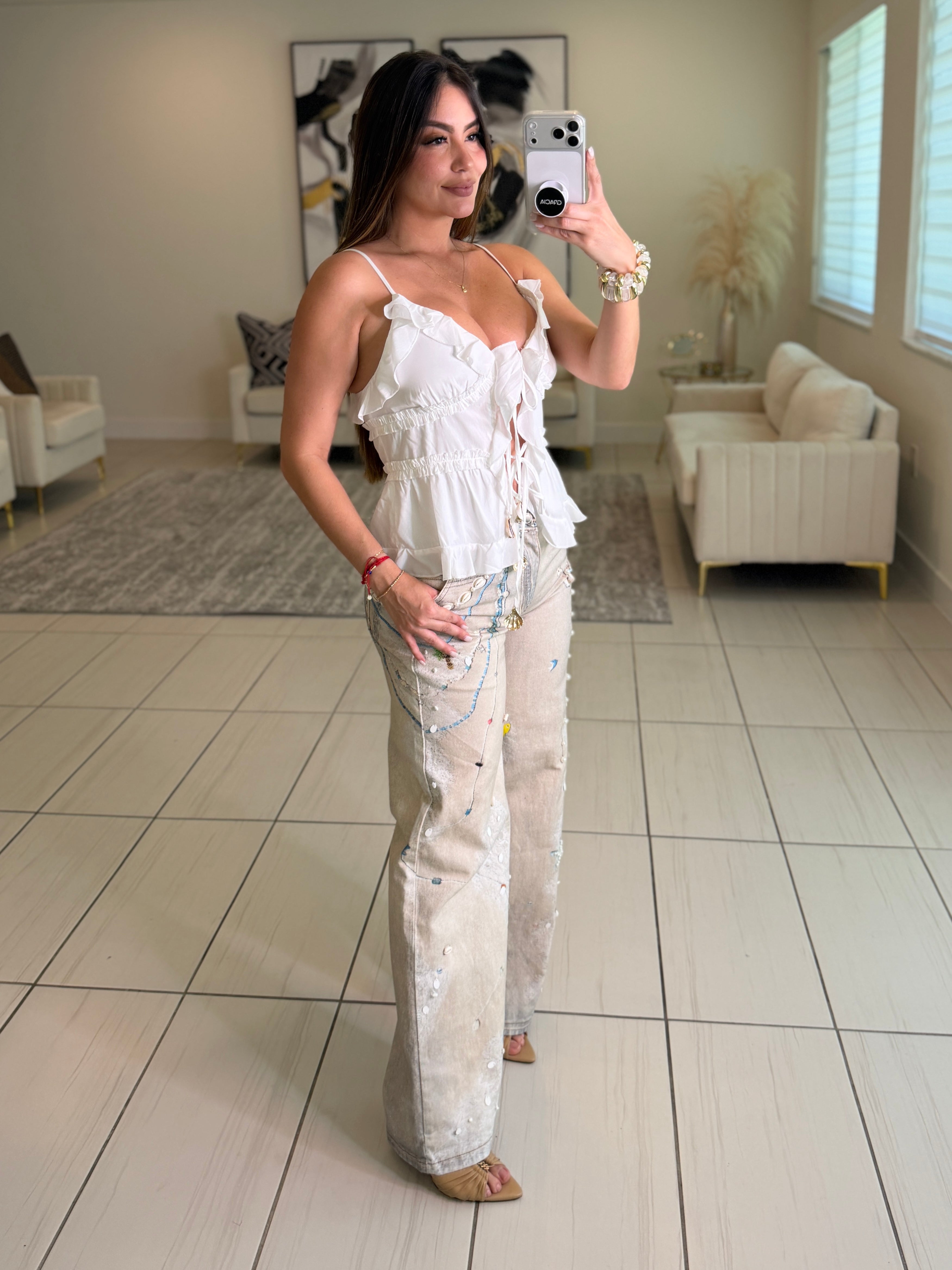 Glam Seashells Beige Denim Pants