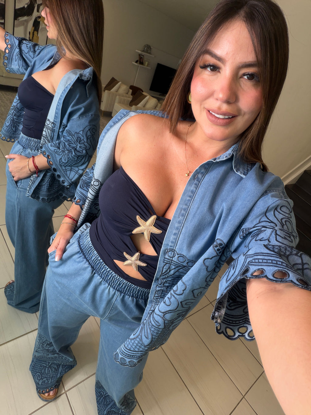 Paradise Embroidered Denim Pant Set