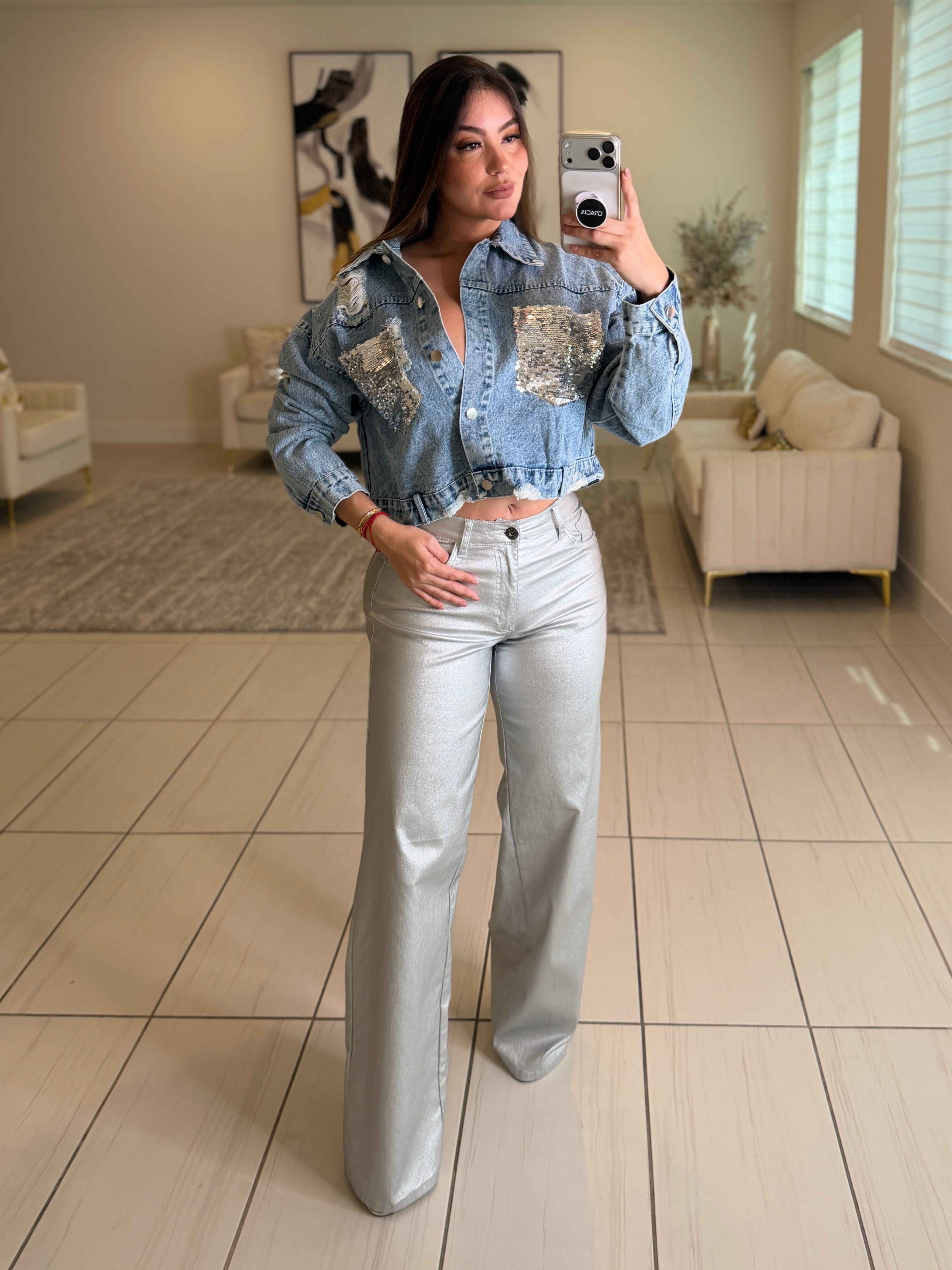 Radiance Silver Sequin Denim Jacket