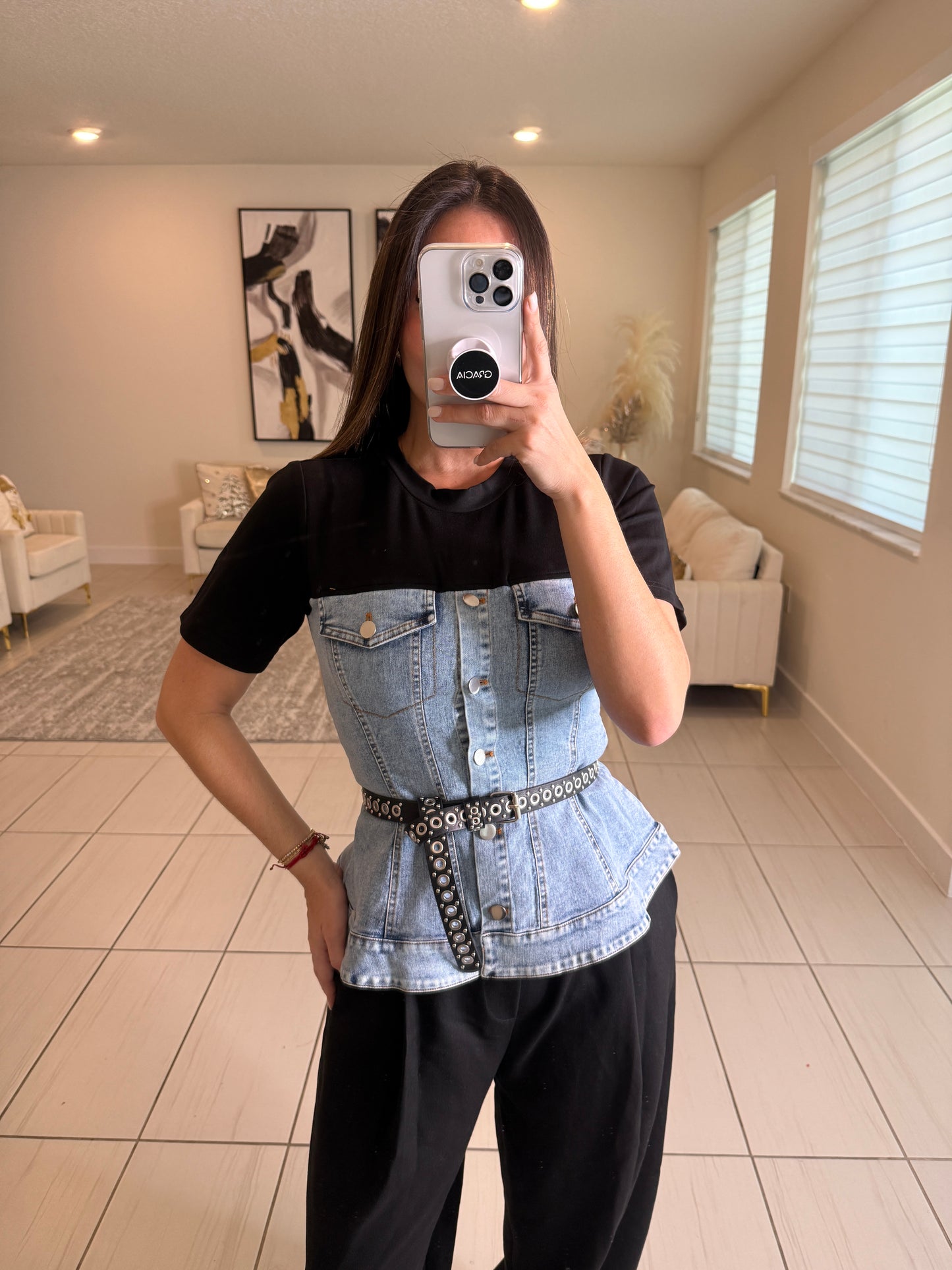 Draped Contrast Black and Denim Top