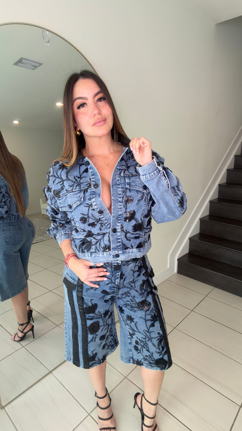 Midnight Bloom Denim Shorts Set