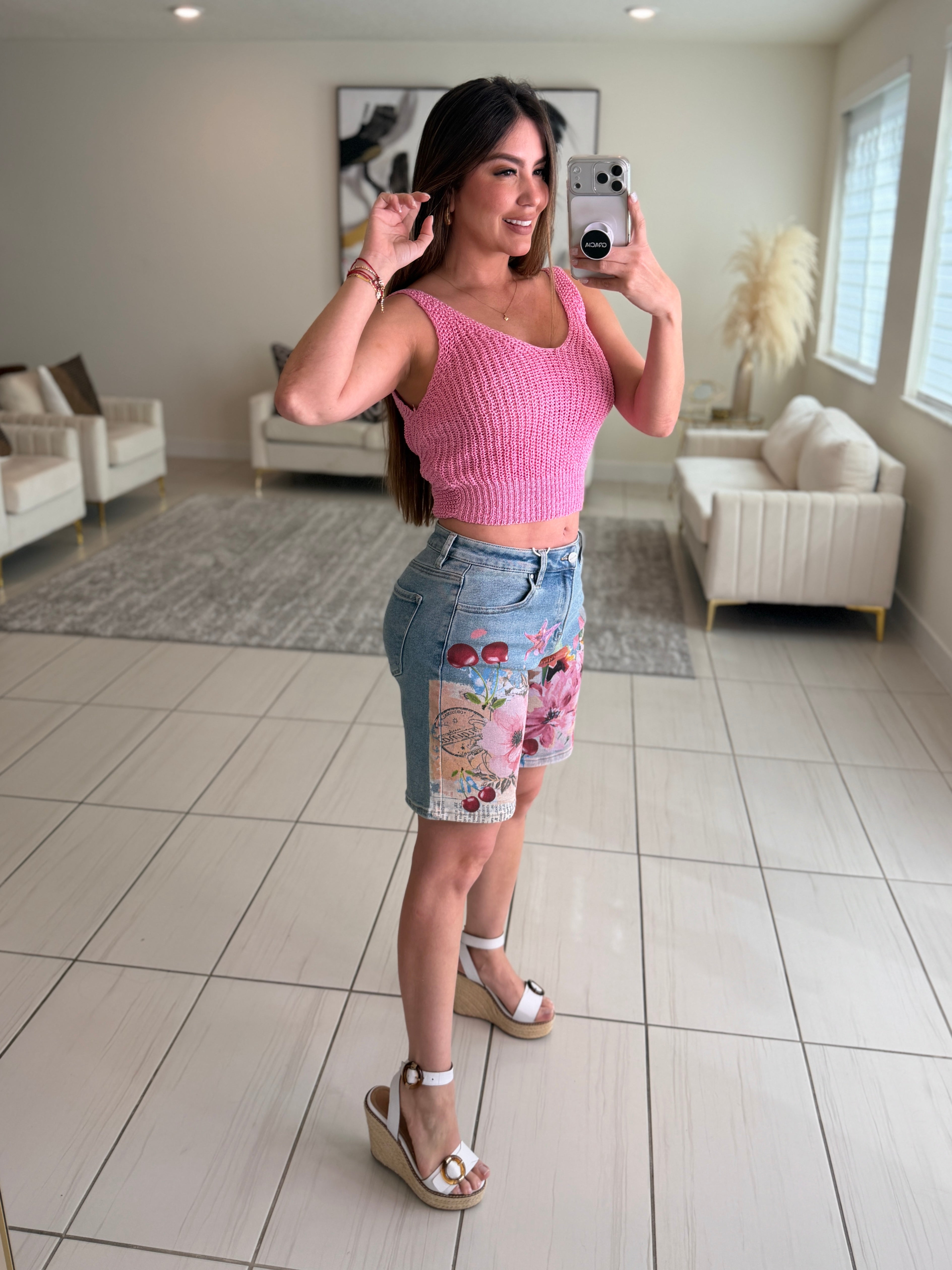 Flowers and Cherries Denim Bermuda Short