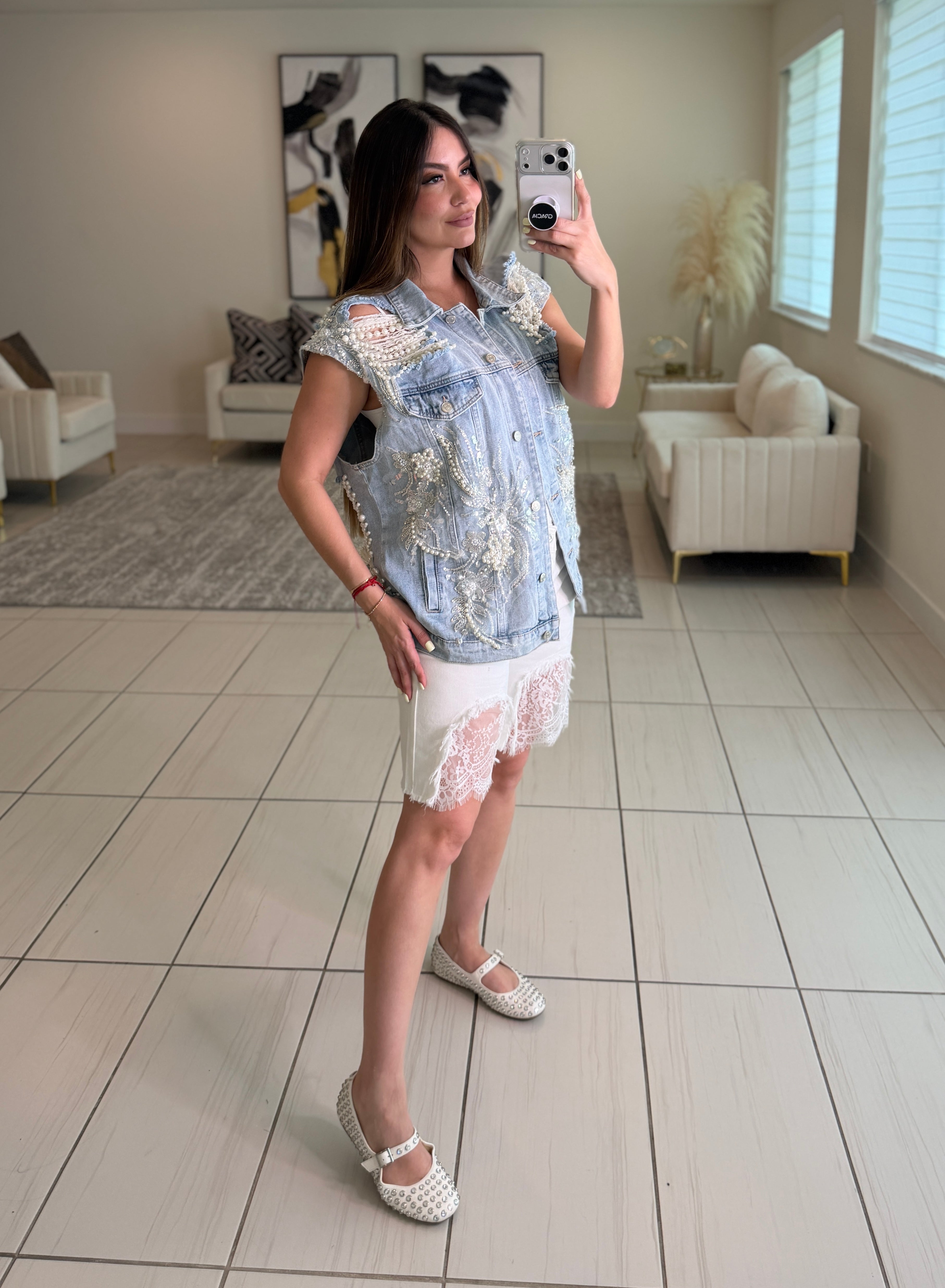 Spring Lace White Denim Shorts