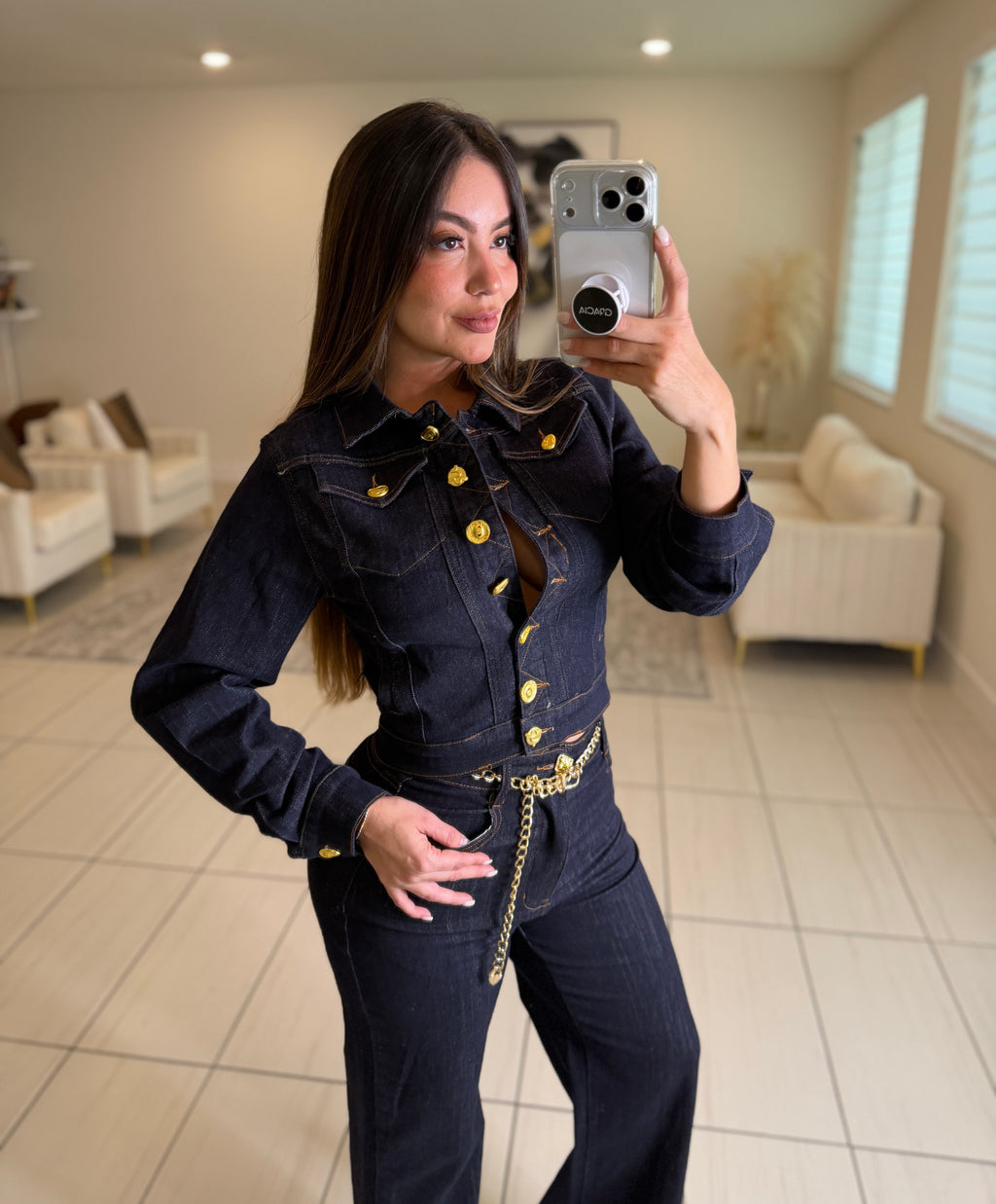 Luxe Gold Button Denim Pant Set