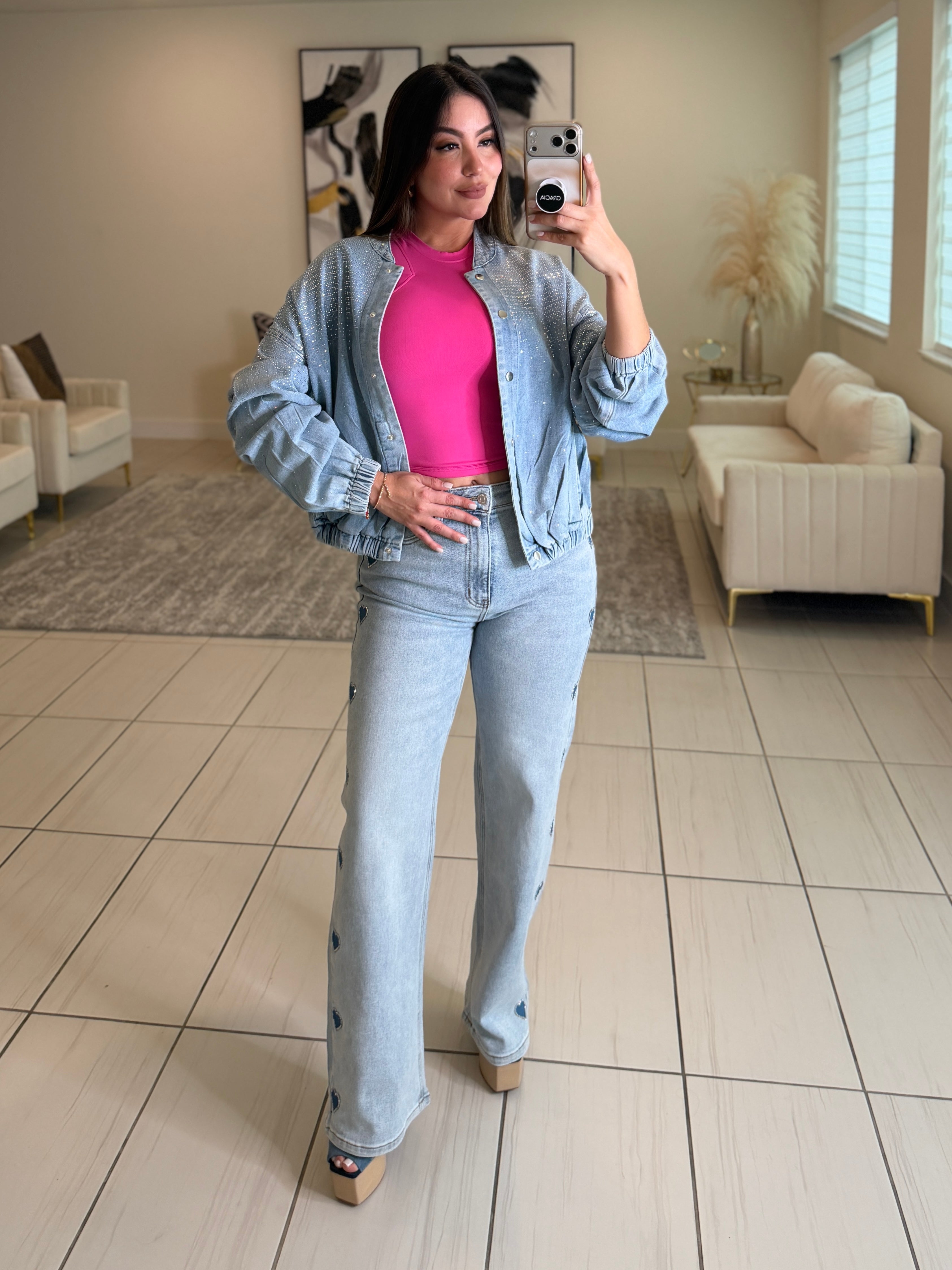 Cozy Rhinestones Denim Bomber Jacket