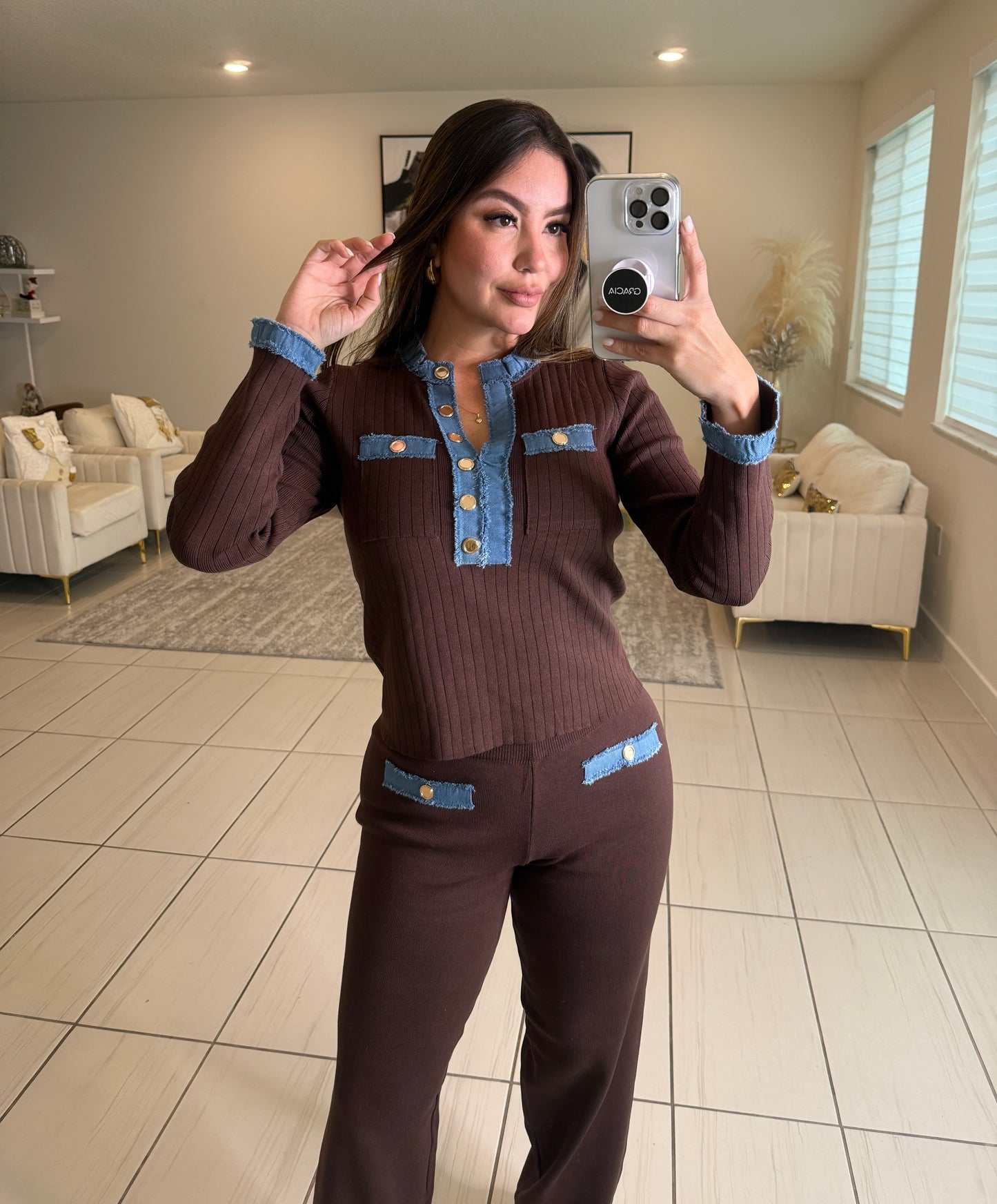 Modern Frame Knit Brown Pant Set