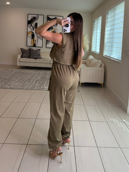 Forgive The Night Ruched Taupe Jumpsuit