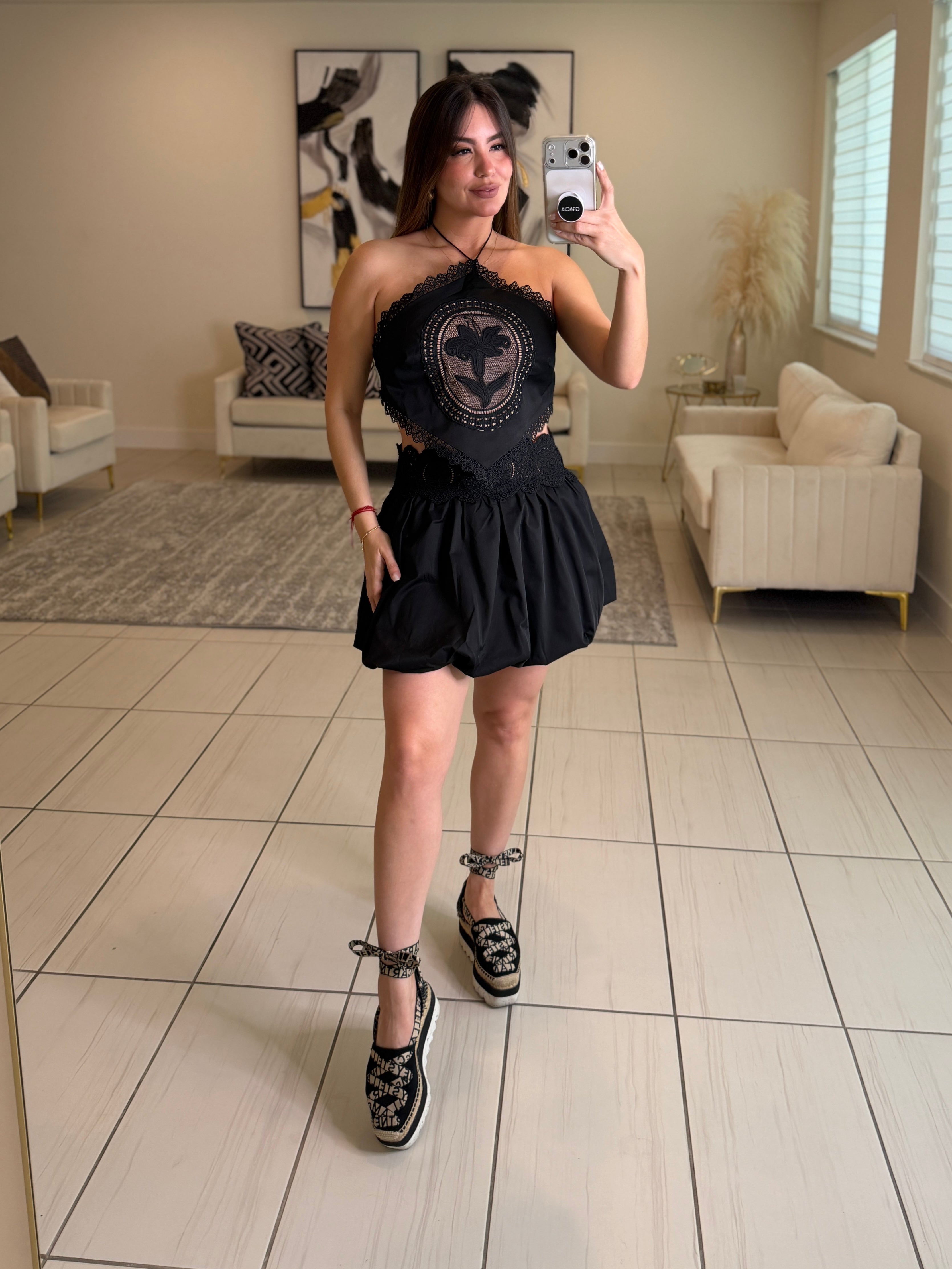 Blossom Crochet Black Balloon Skirt Set