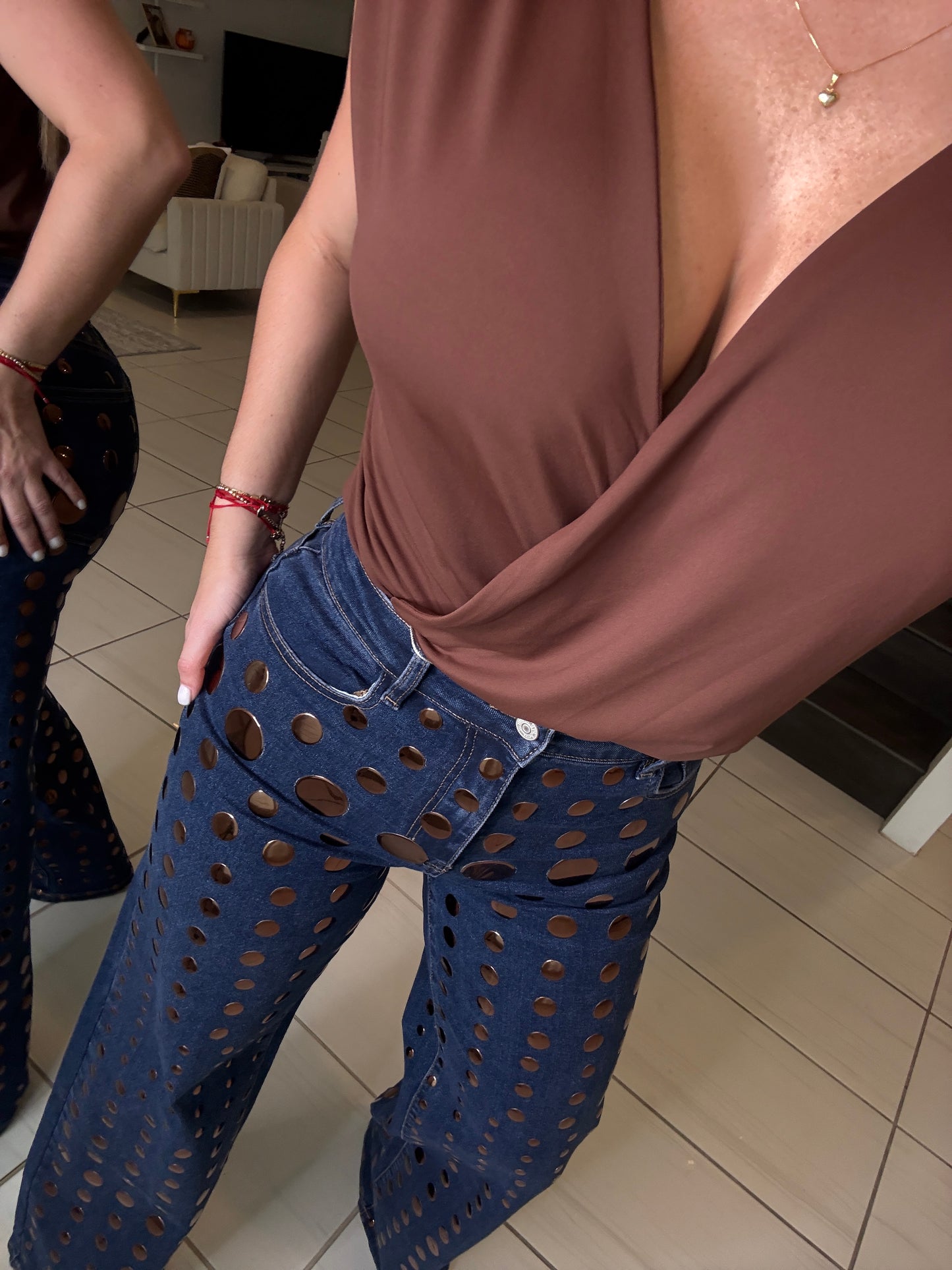 Bronze Shiny Polka Dots Denim Pants