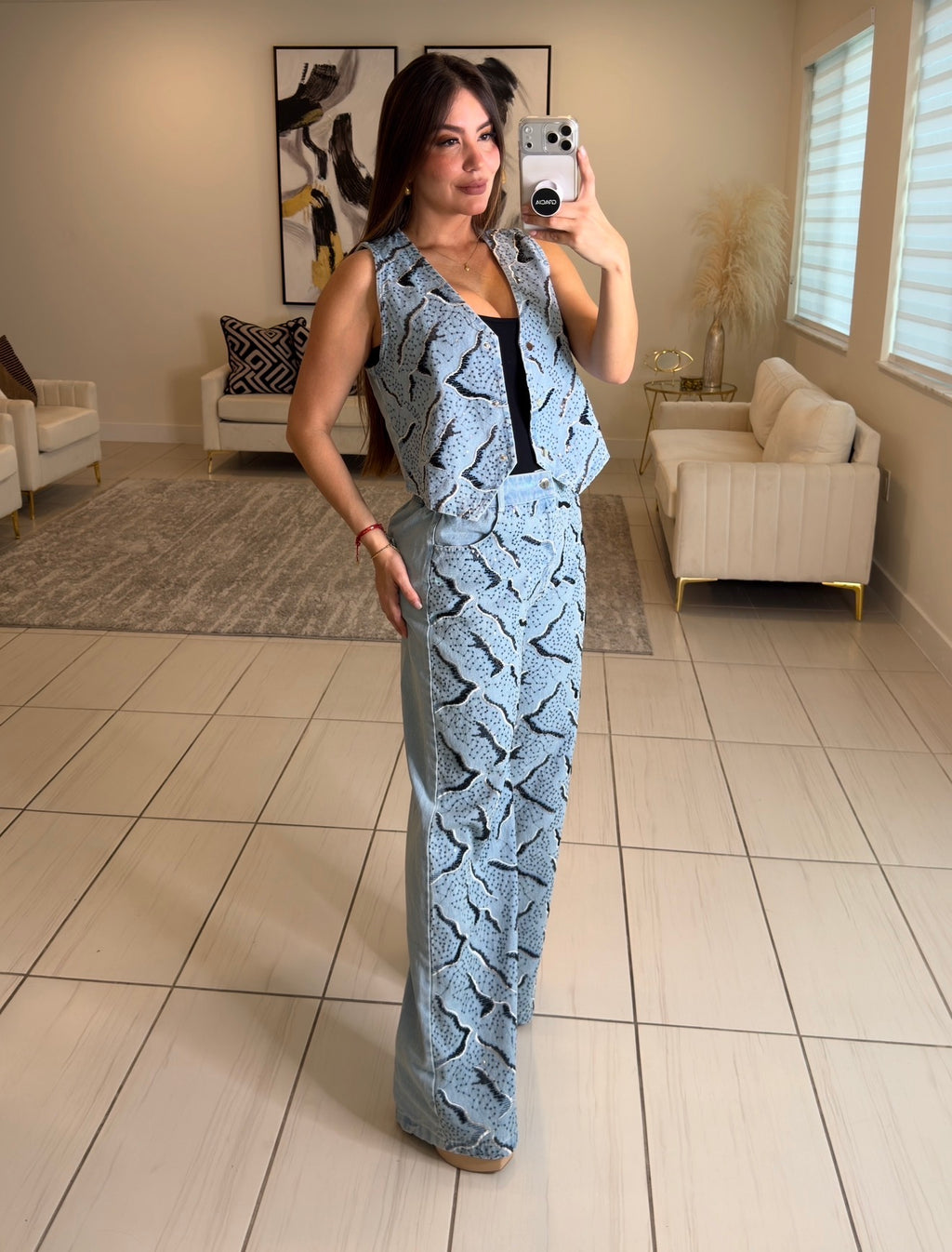 Perfect Sequin Details Denim Pant Set