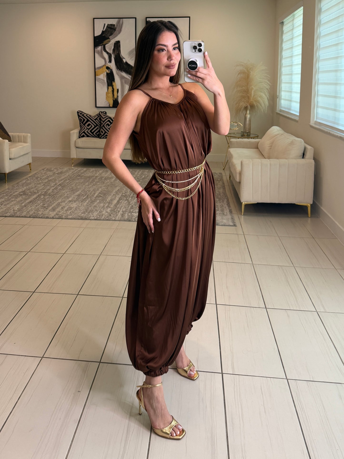 Effortless Essence Ruched Brown Jumpsuit