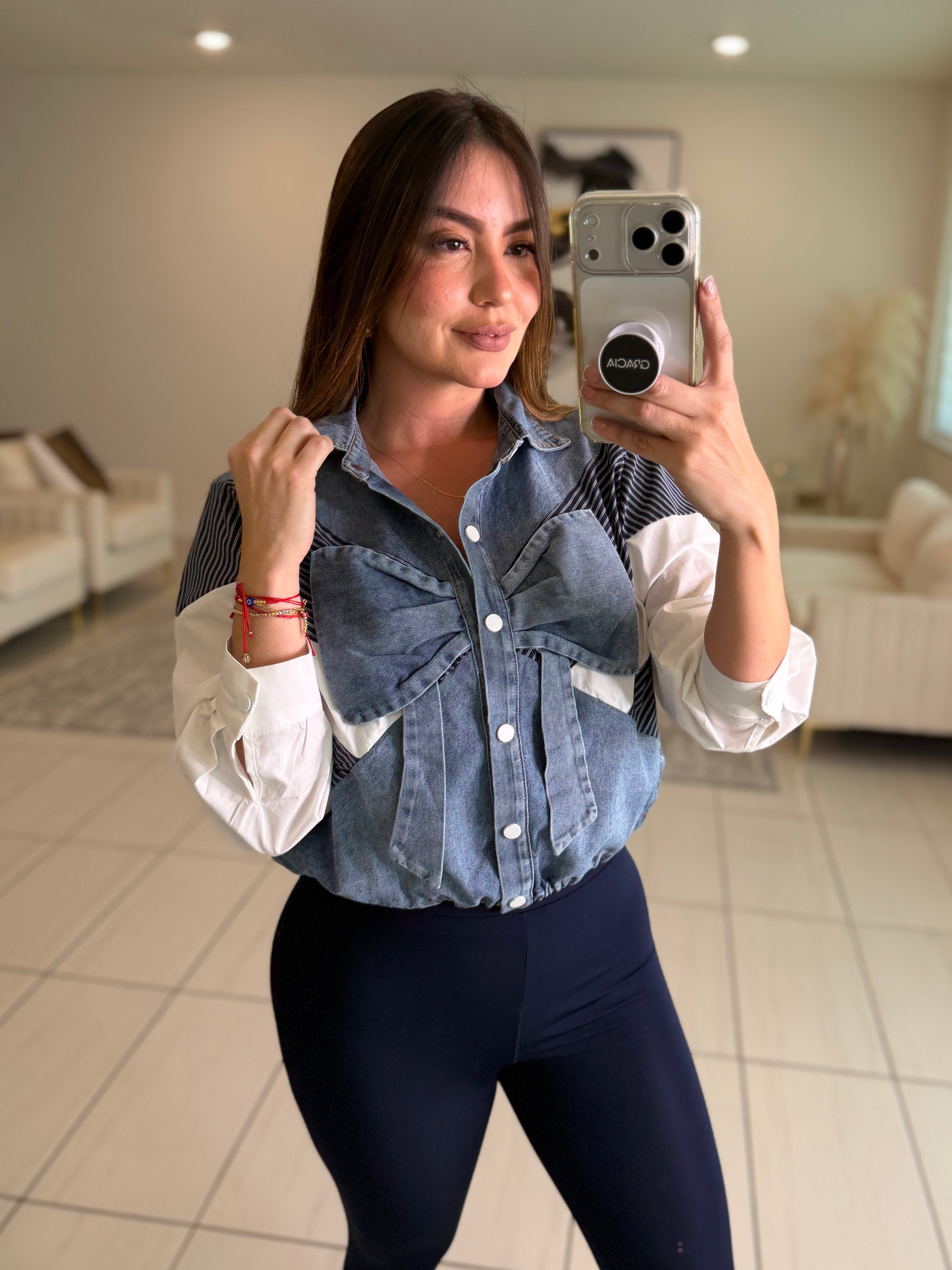 Bow Contrast White and Denim Shirt