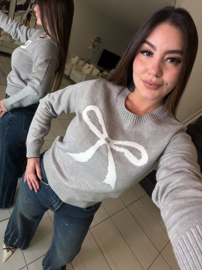 White Bow Grey Knit Sweater