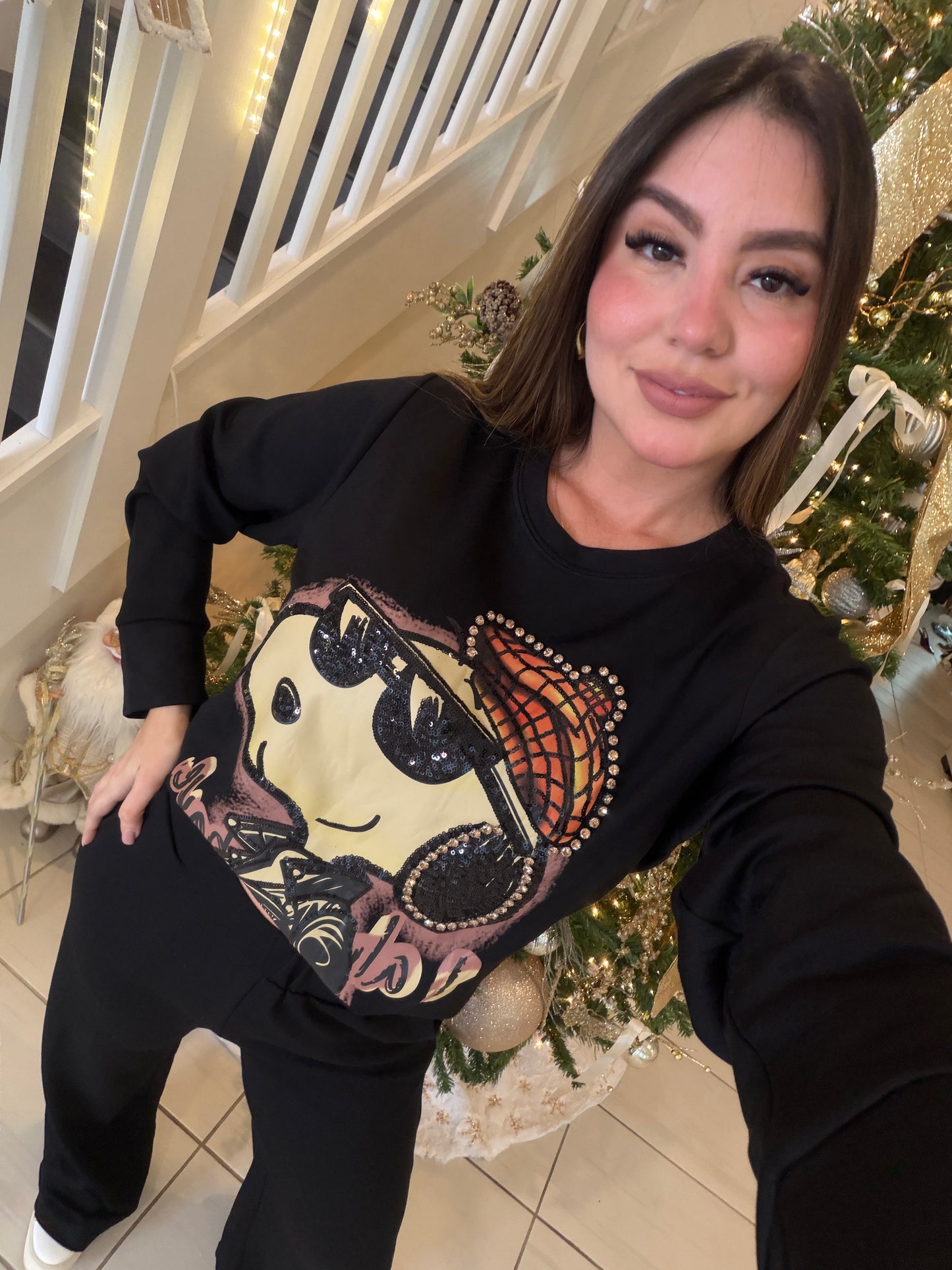 Funny Rhinestones Black Pant Set