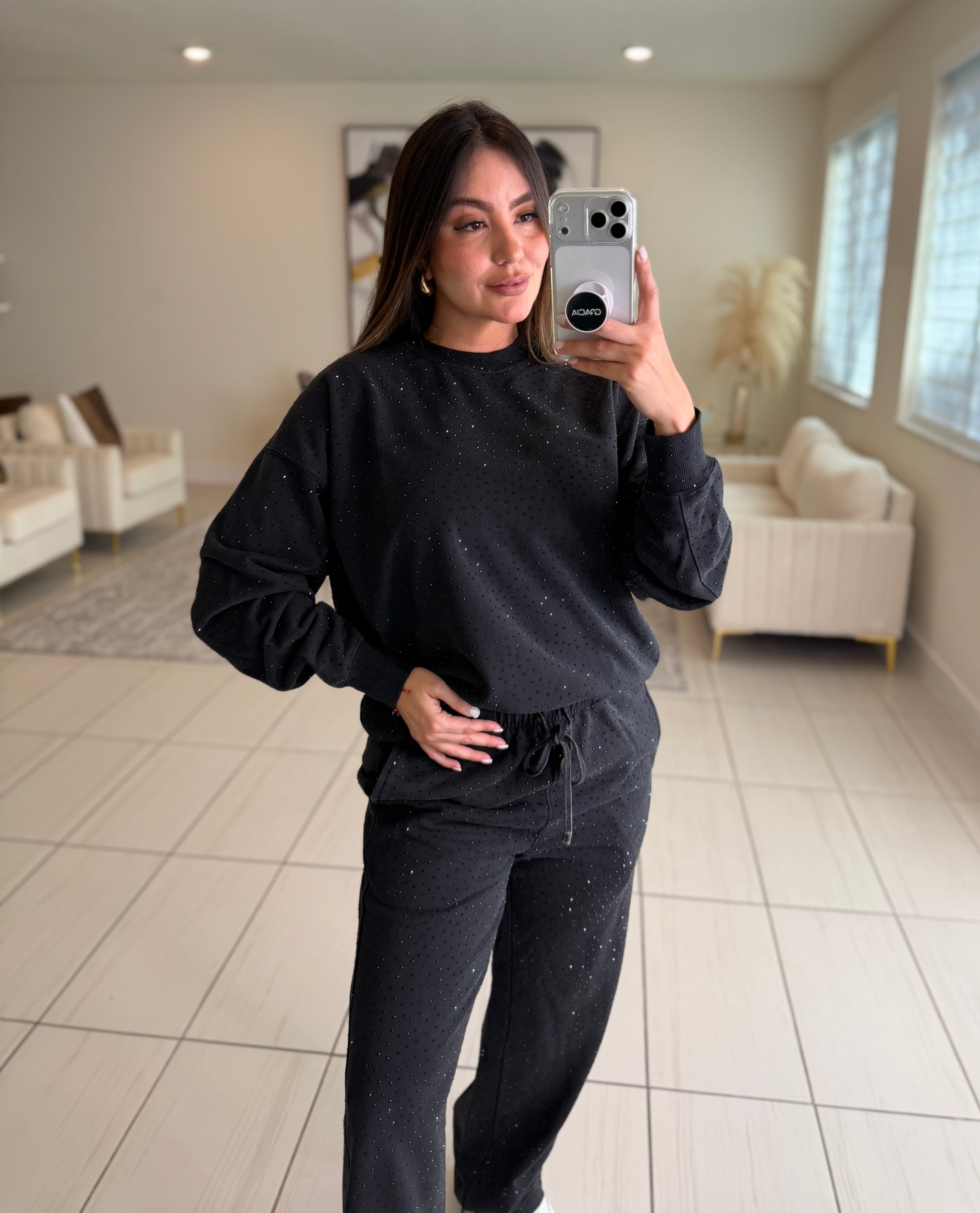 Soft Threat Rhinestone Black Pant Set