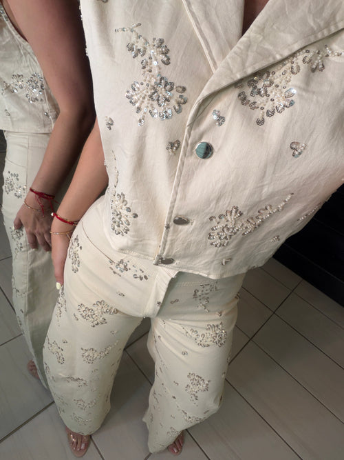 Blossom Sequin Beige Pant Set