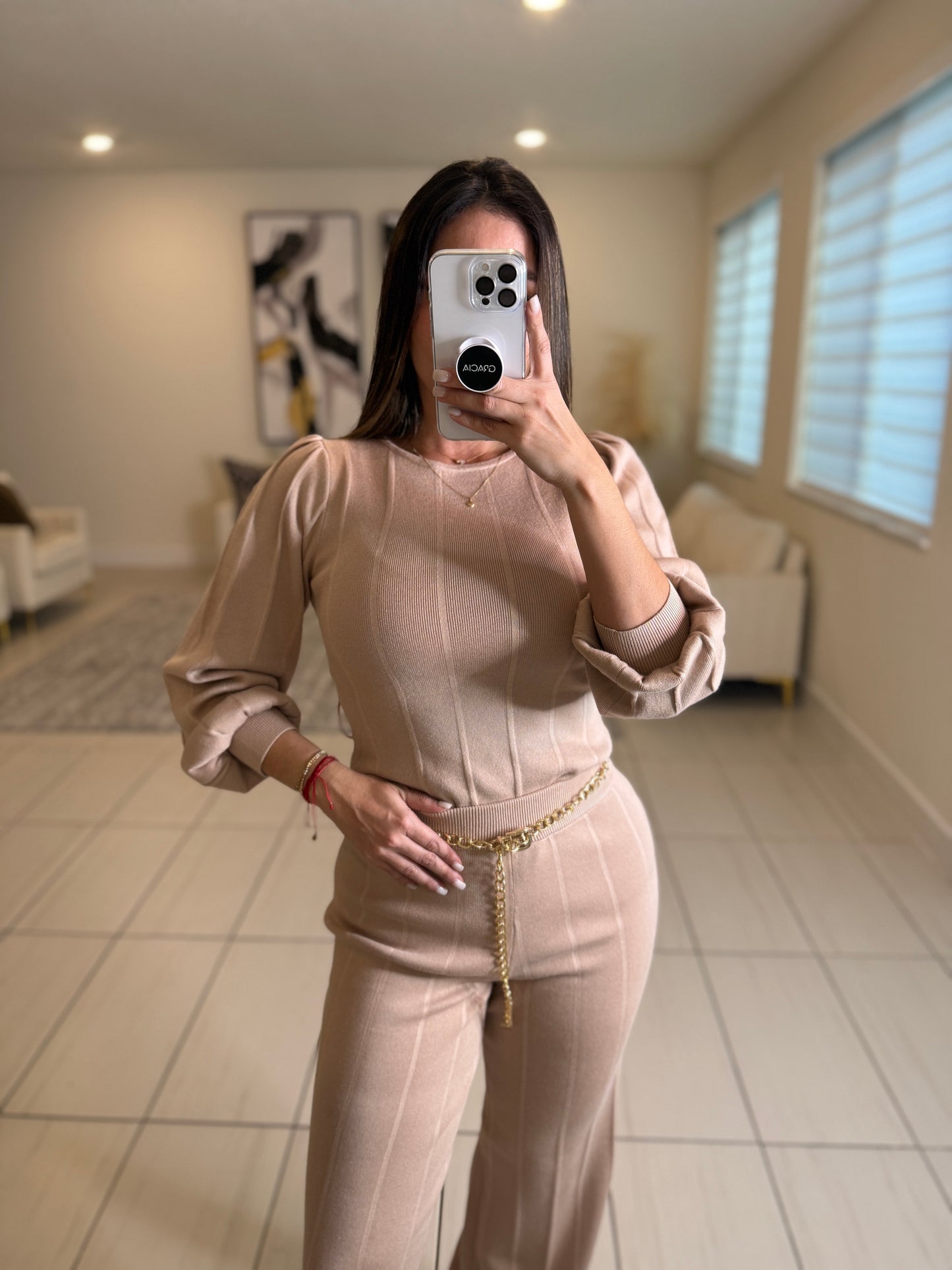 Checkmate Knit Beige Pant Set