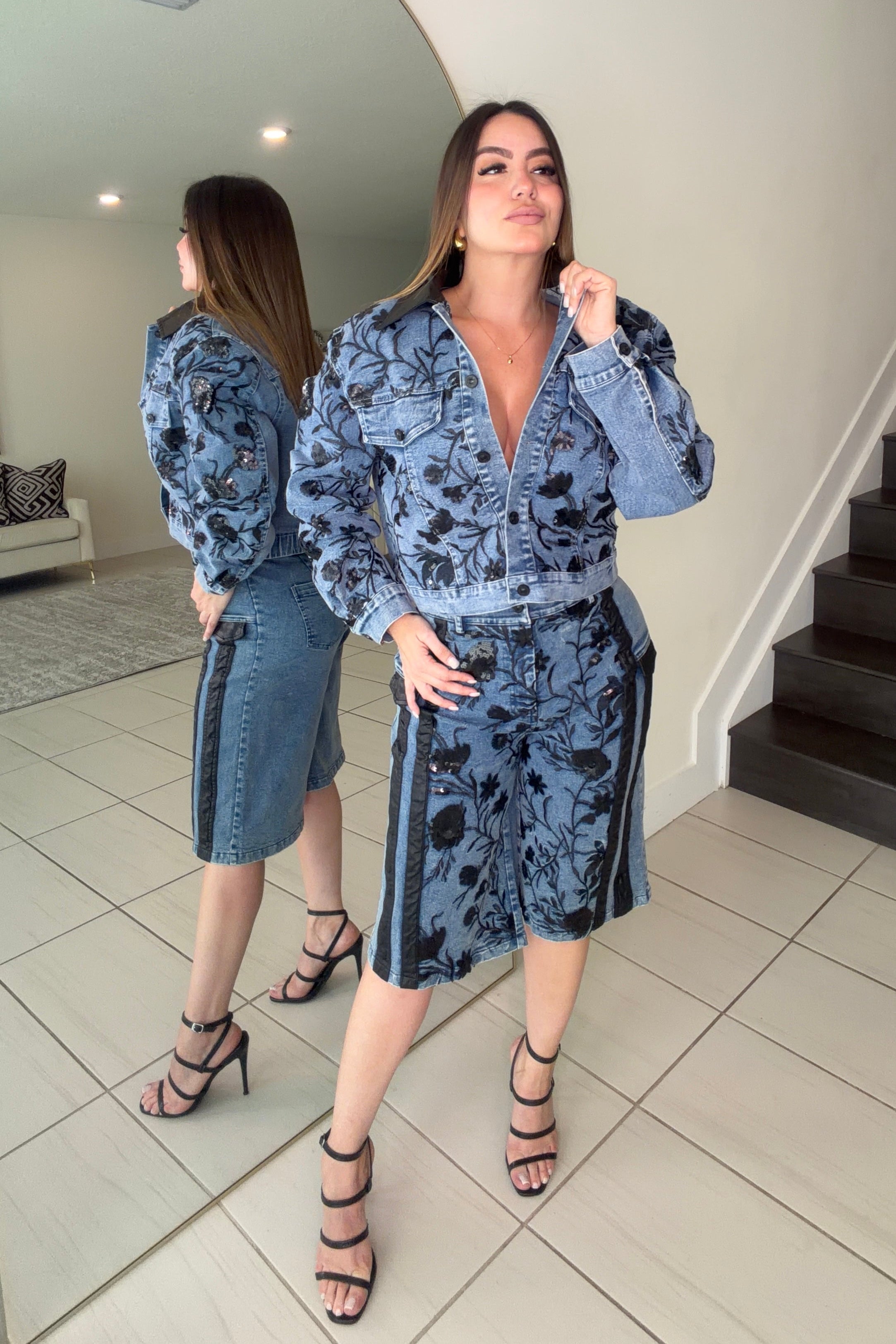 Midnight Bloom Denim Shorts Set