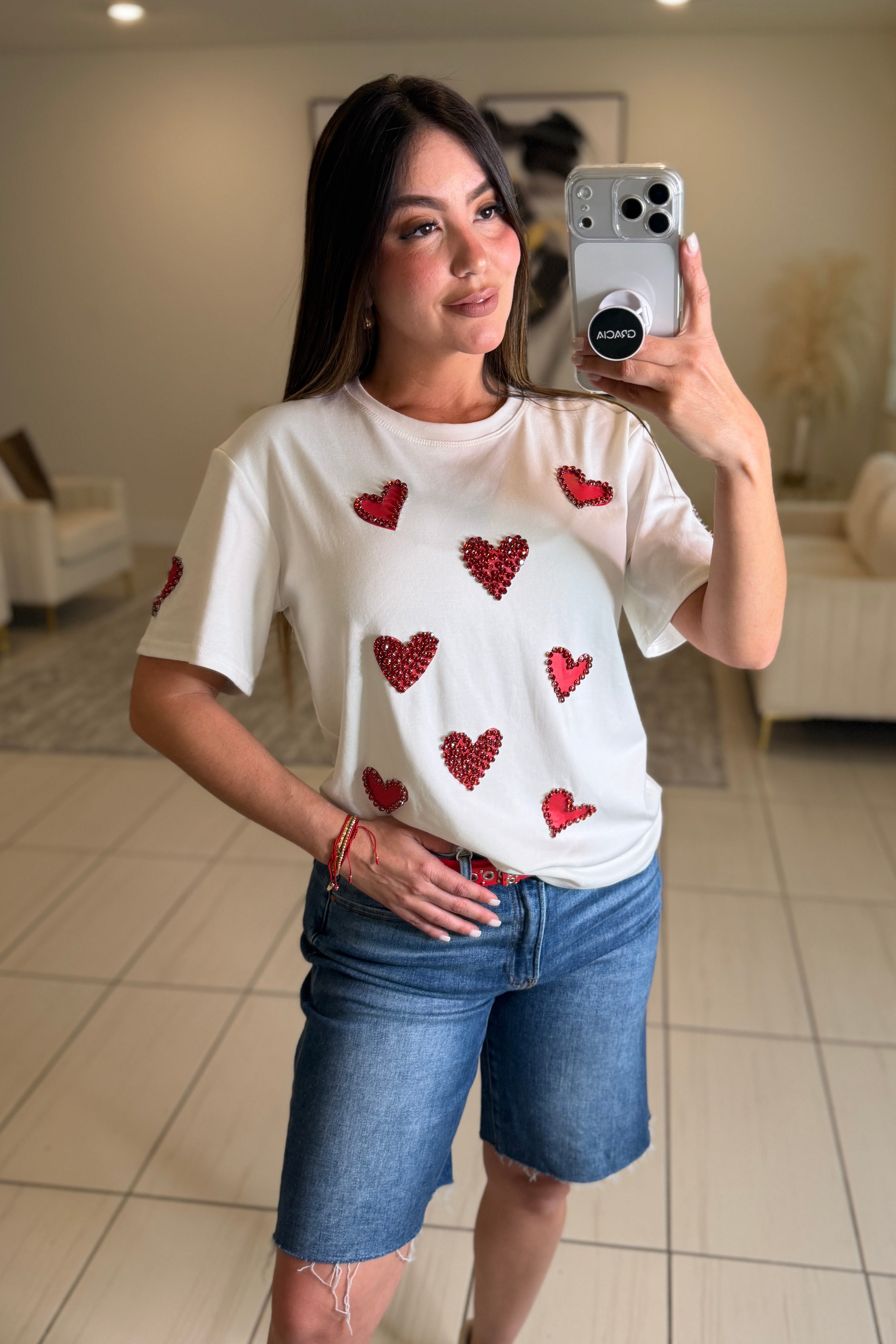 Rhinestones Hearts White Tshirt