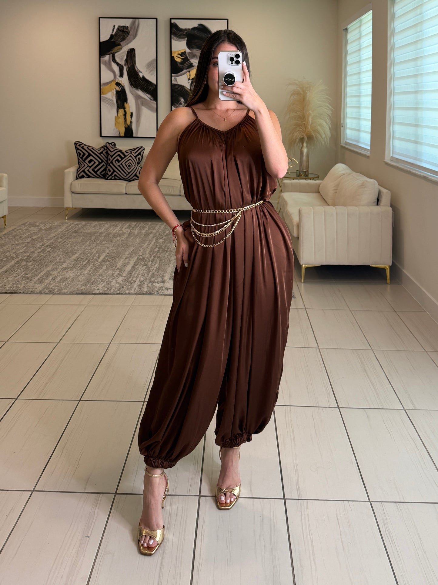 Effortless Essence Ruched Brown Jumpsuit