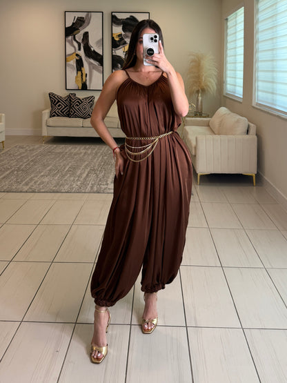 Effortless Essence Ruched Brown Jumpsuit