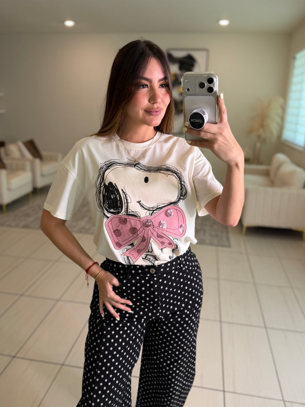 Pink Dots Bow Beige Tshirt