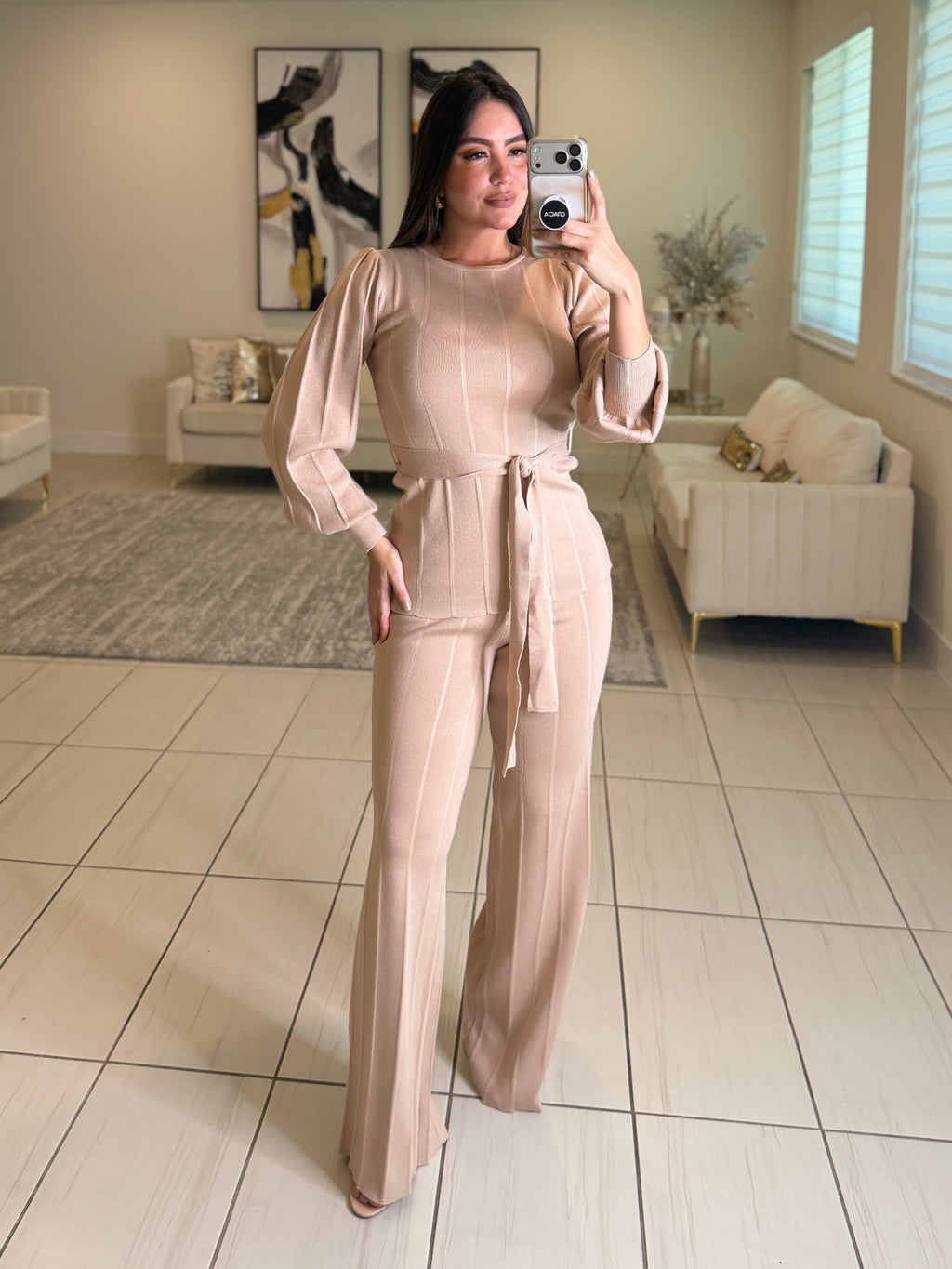Checkmate Knit Beige Pant Set