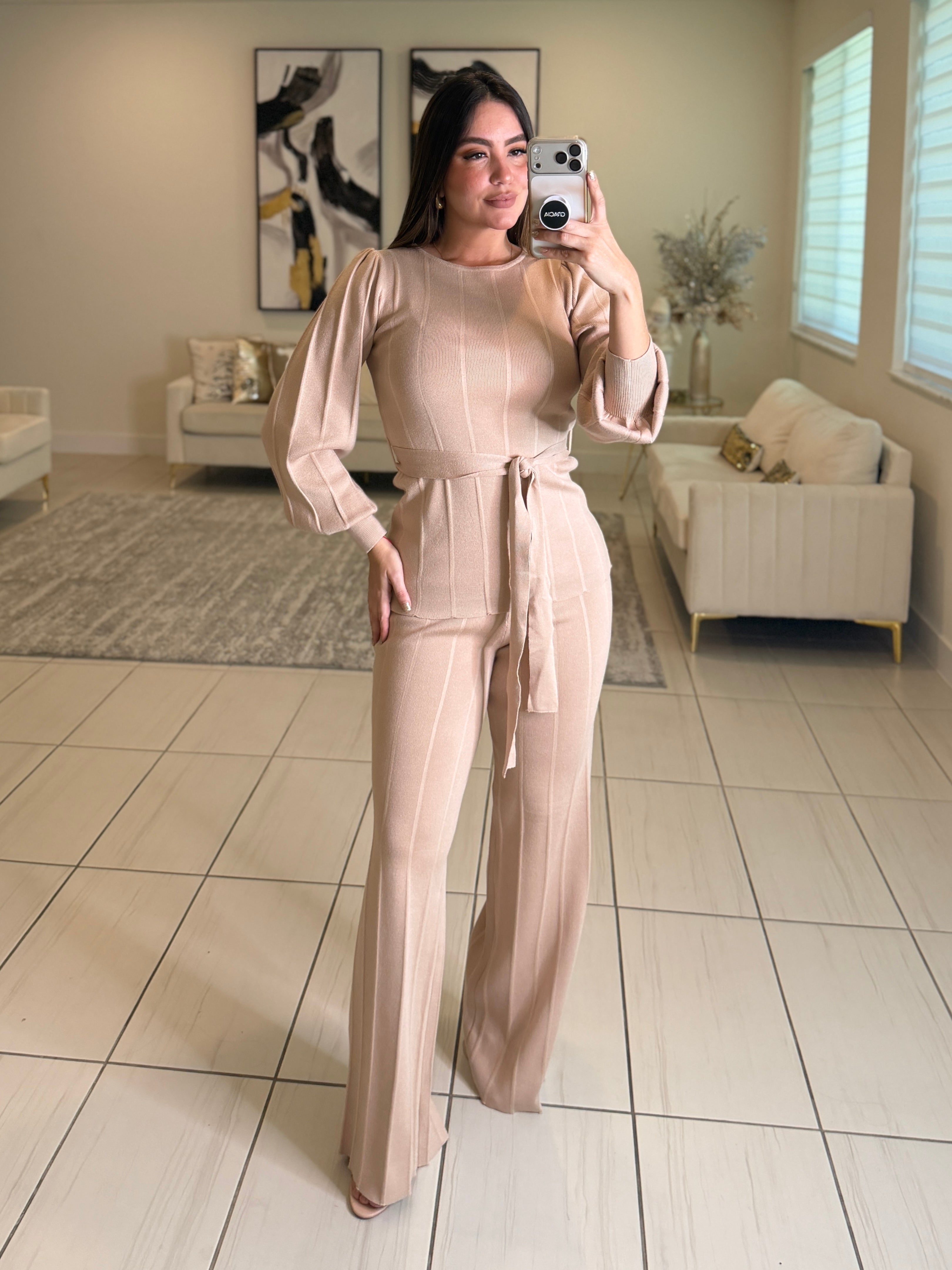 Checkmate Knit Beige Pant Set