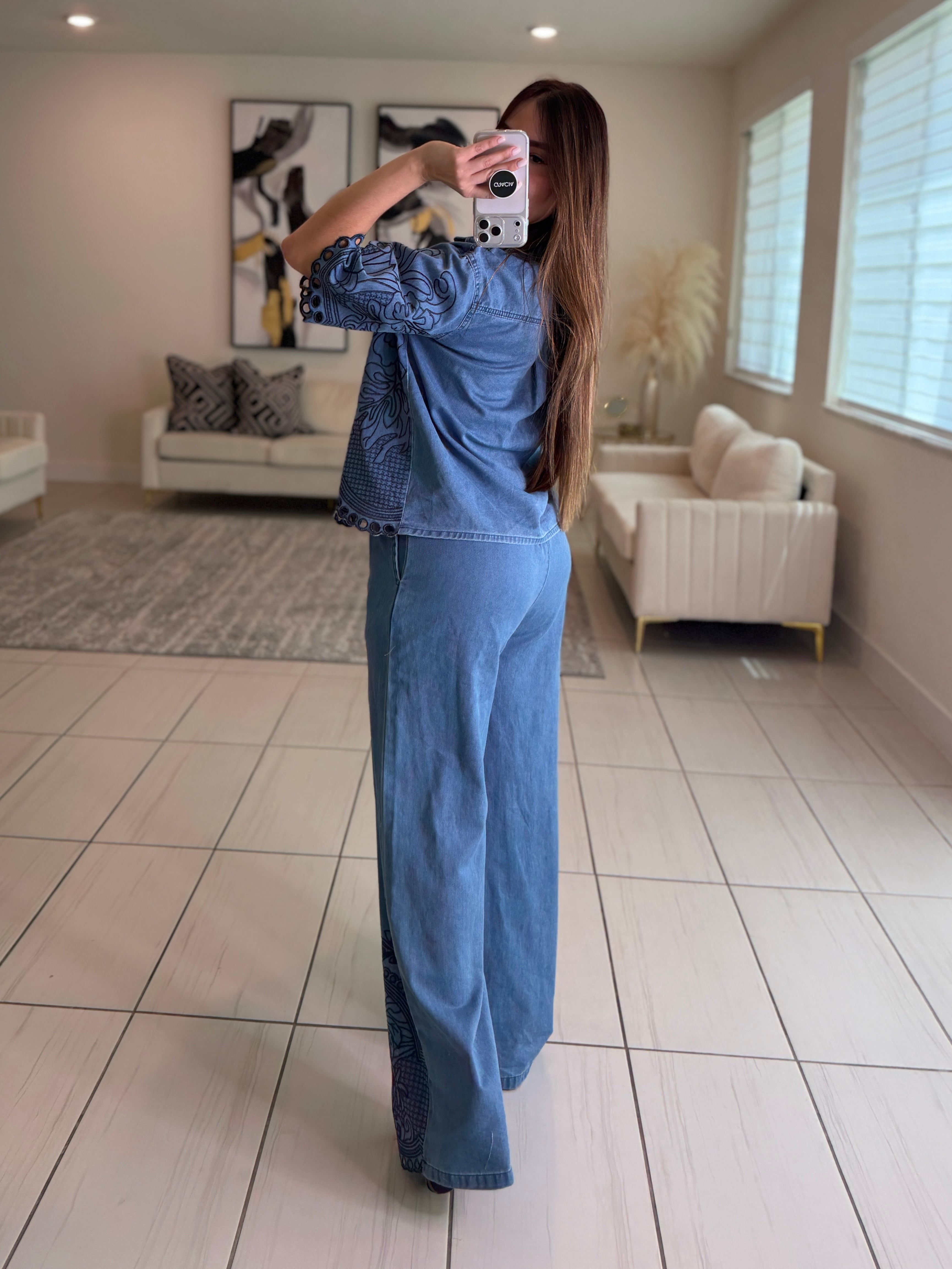 Paradise Embroidered Denim Pant Set